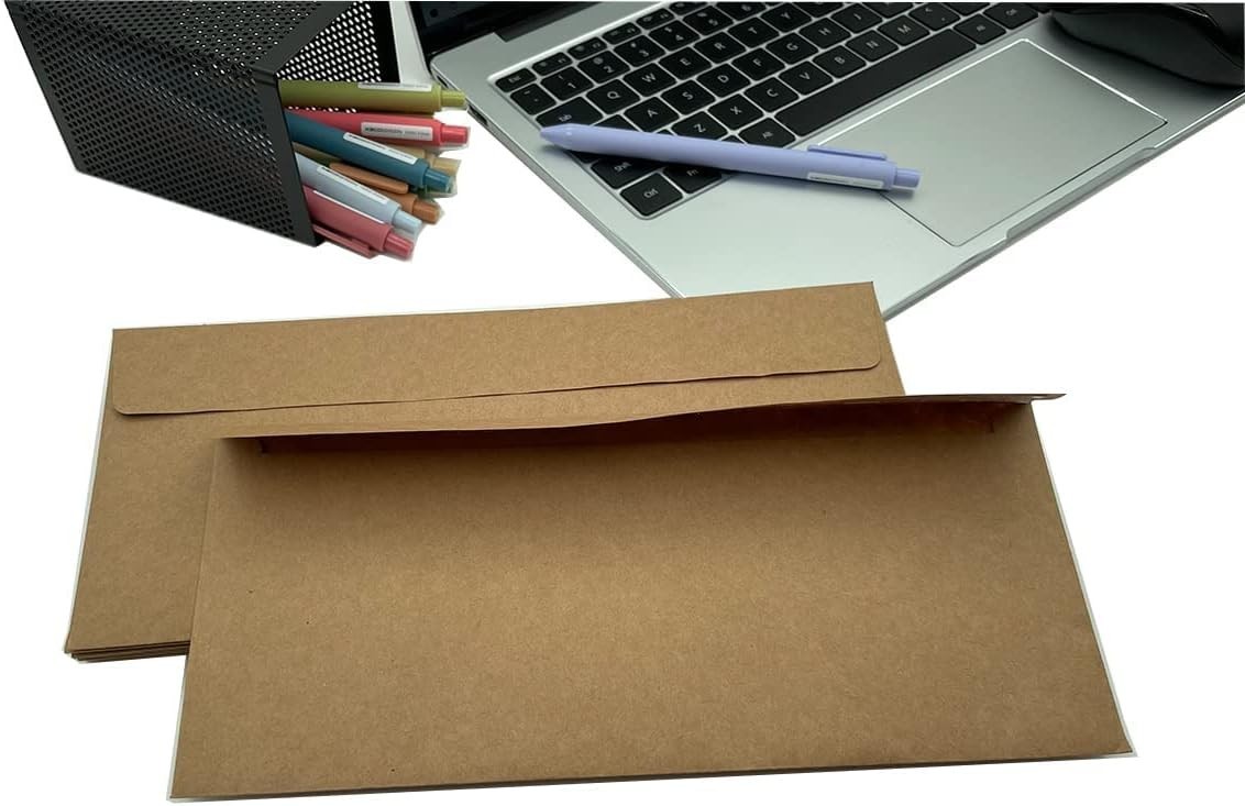 Flat Rectangular Brown Kraft Envelopes 4.125×9.5 Inches for Business – 80 Count