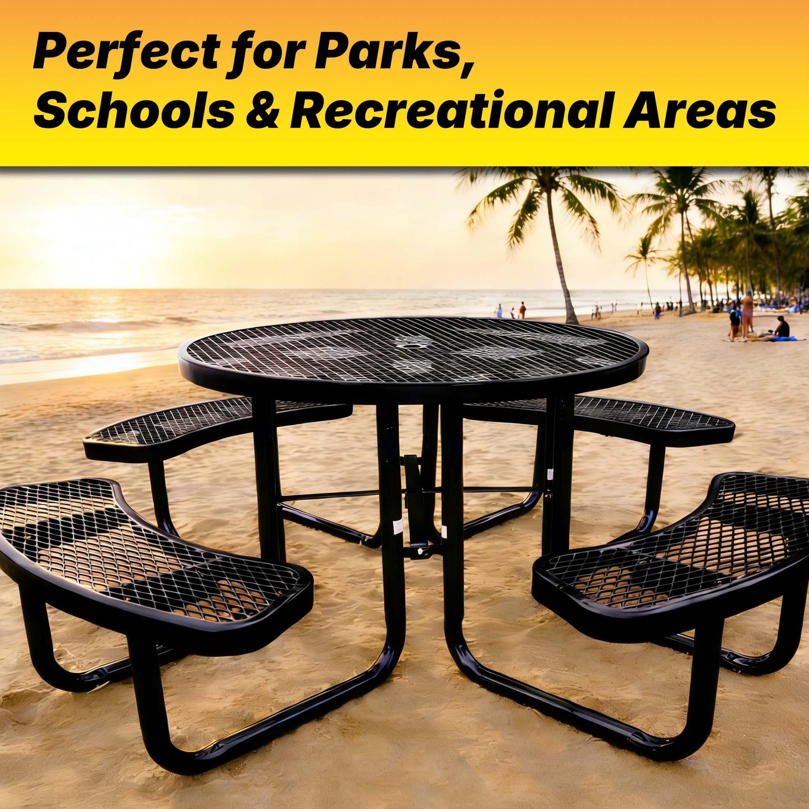 LAUCO 46-Inch Round Metal Picnic Table with Attached Benches, Black 1000 lb