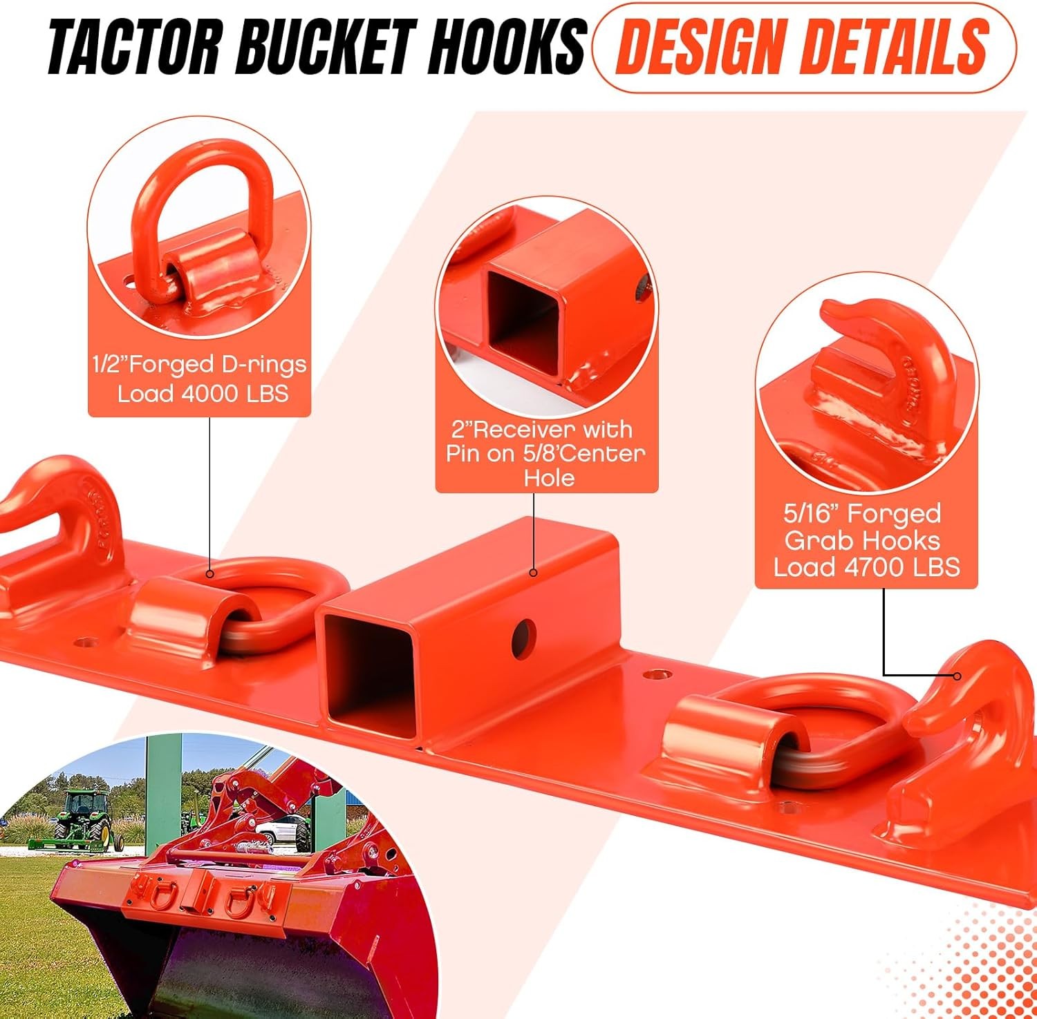 GARVEE Tractor Bucket Grab Hooks Heavy Duty Bolt On Compact Tractor 2″ Receiver