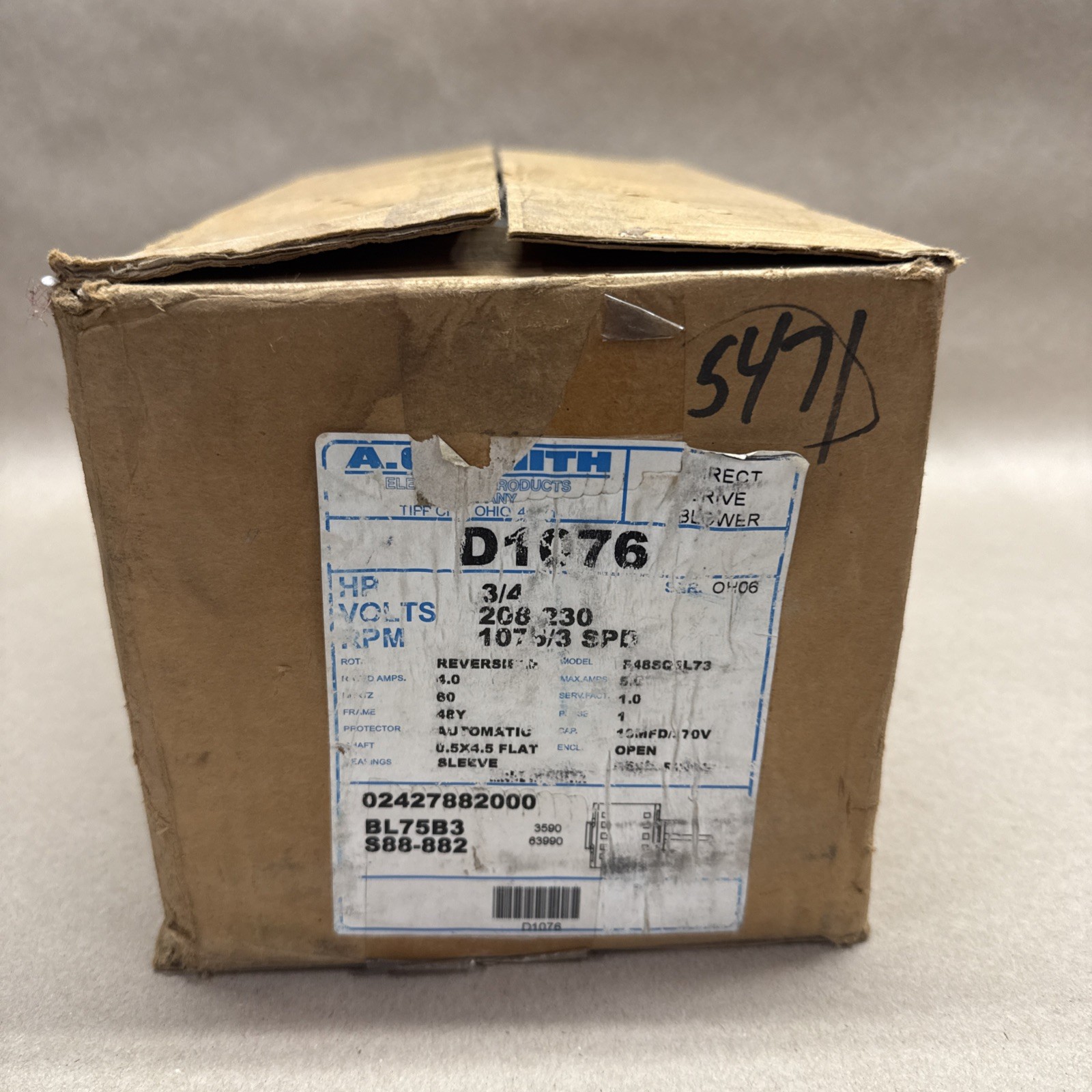 A.O. Smith D1076 3/4 HP, 1075 RPM, 3 Speed, 208-230 Volts4.0-5.0 Amps, 48 Frame,