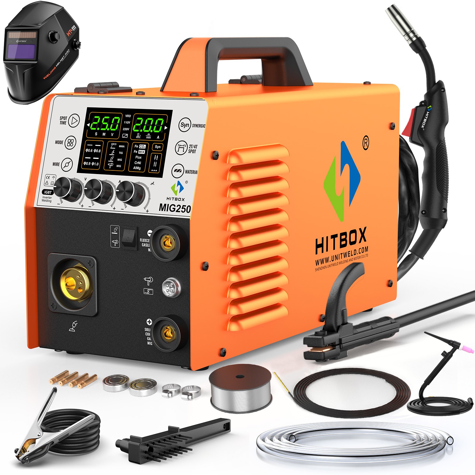 HITBOX 6 IN 1 Aluminum MIG Welder Gas Gasless 250A 110/230V ARC w/Lift Tig Torch