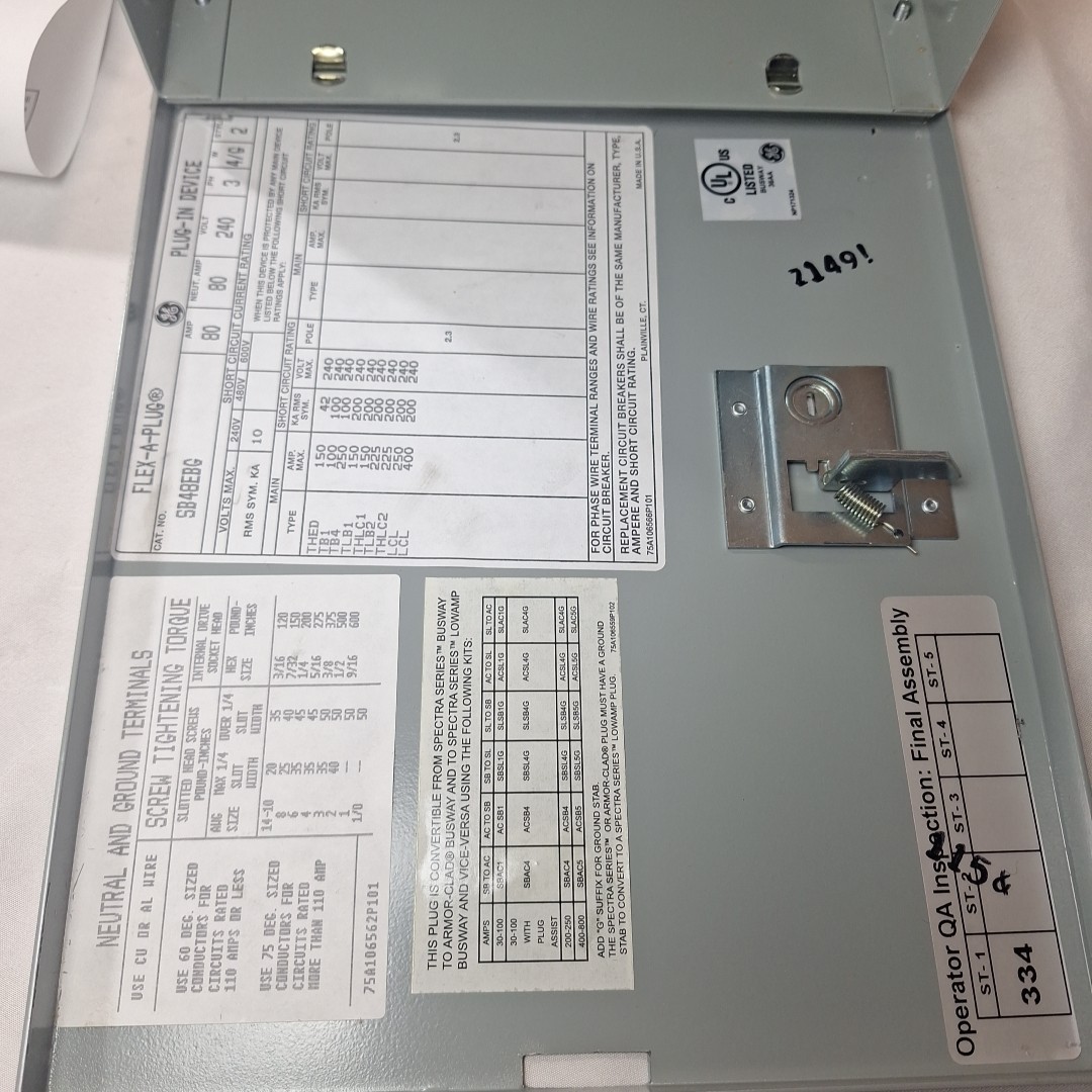 SB48EBG Ge Bus Plug, 80A, 240V AC, TEB, 3 Phase, 4 Wire With Ground