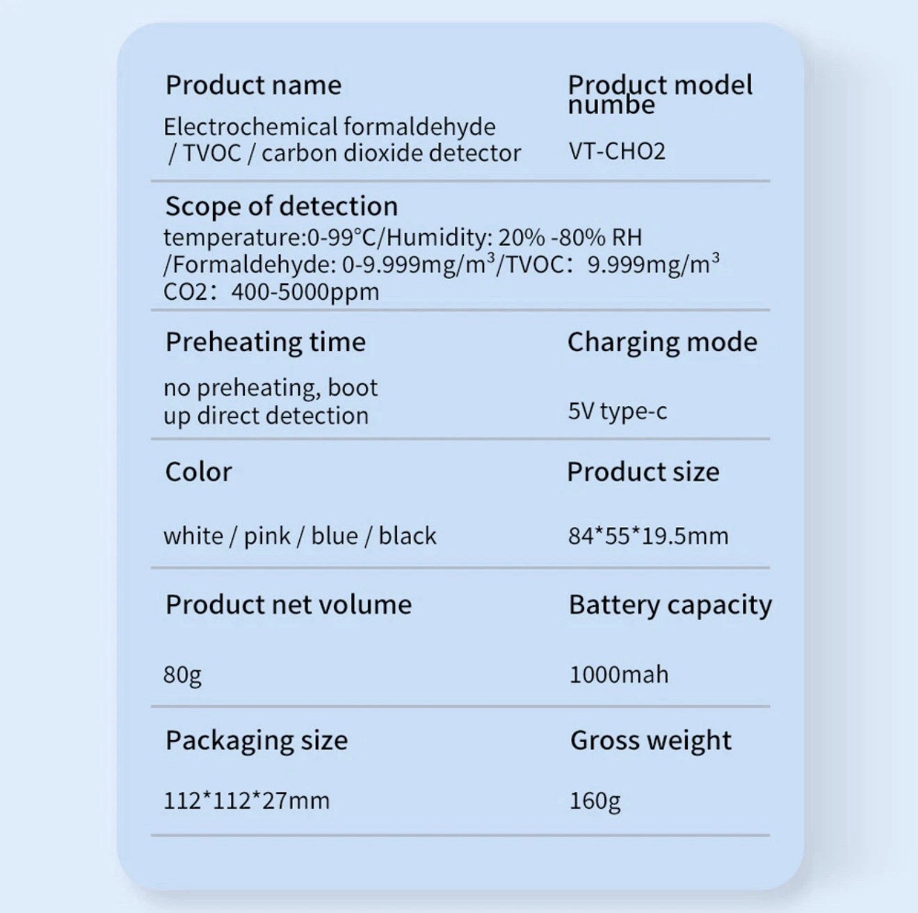 Electrochemical Formaldehyde Quality HCHO TVOC CO2 C0L8