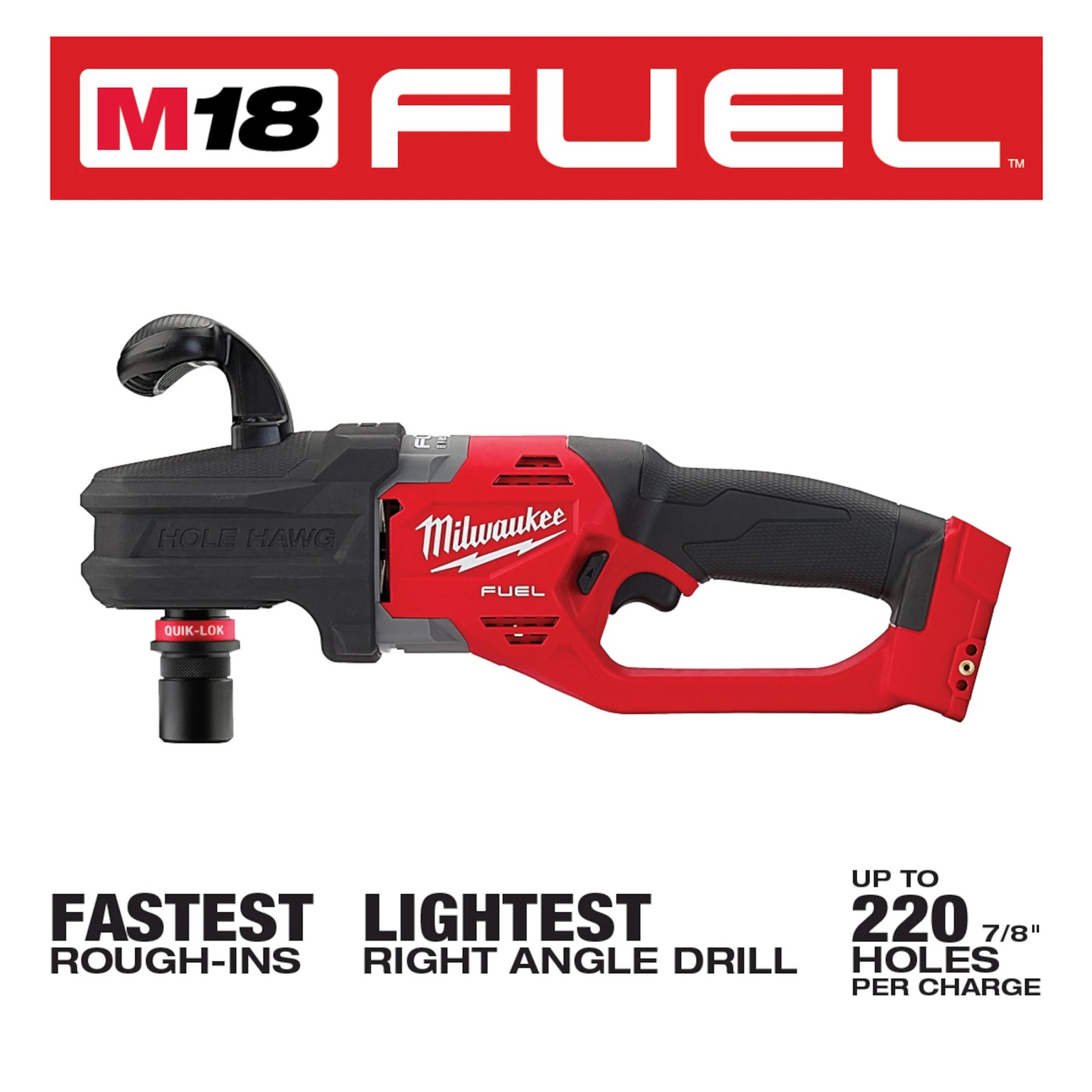 Milwaukee Tool 2808-20 M18 FUEL Hole Hawg Right Angle Drill W/QUIK-LOK Tool Only