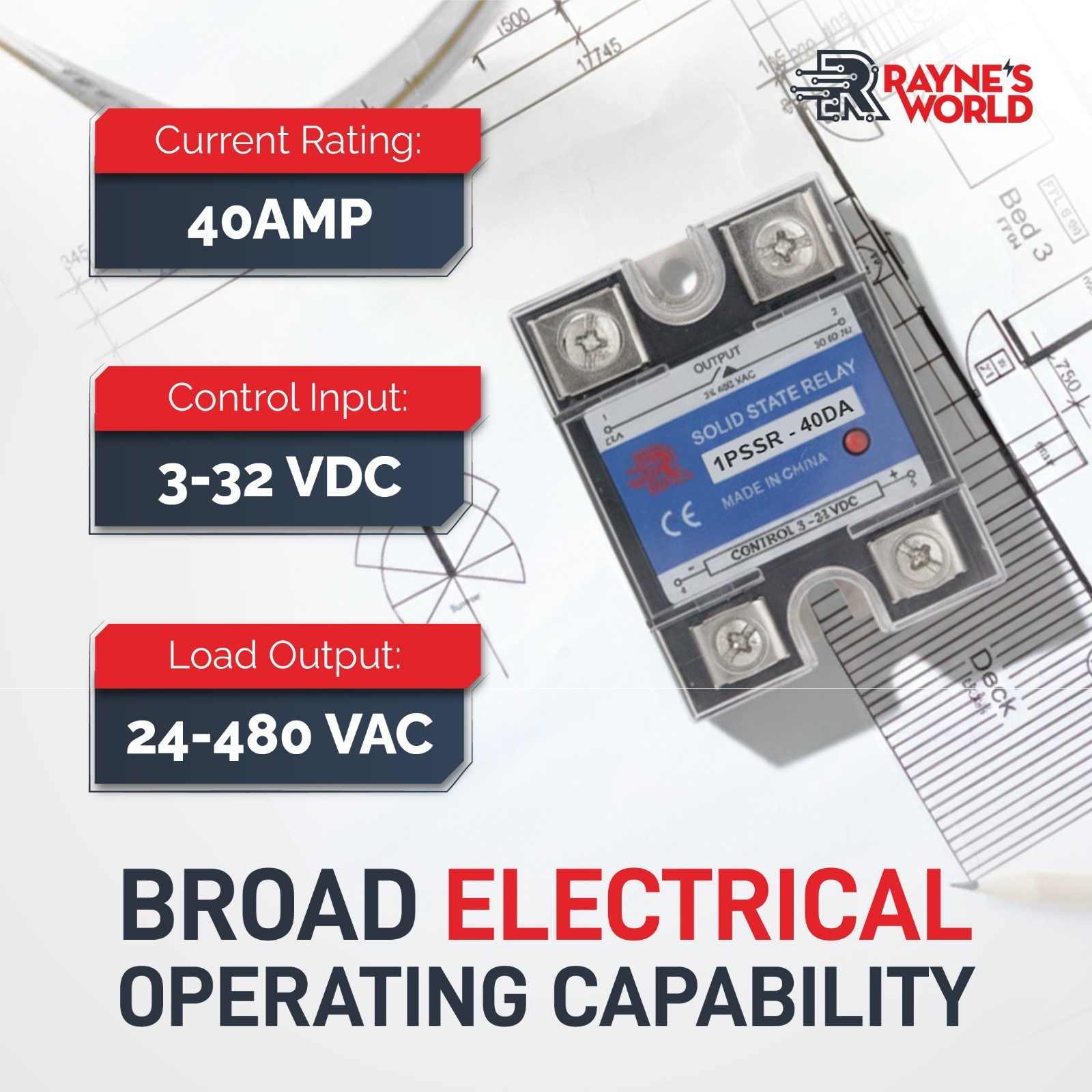40 Amp DA Solid State Relay Module SSR-DC to AC-3-32VDC Control-24-480VAC Output