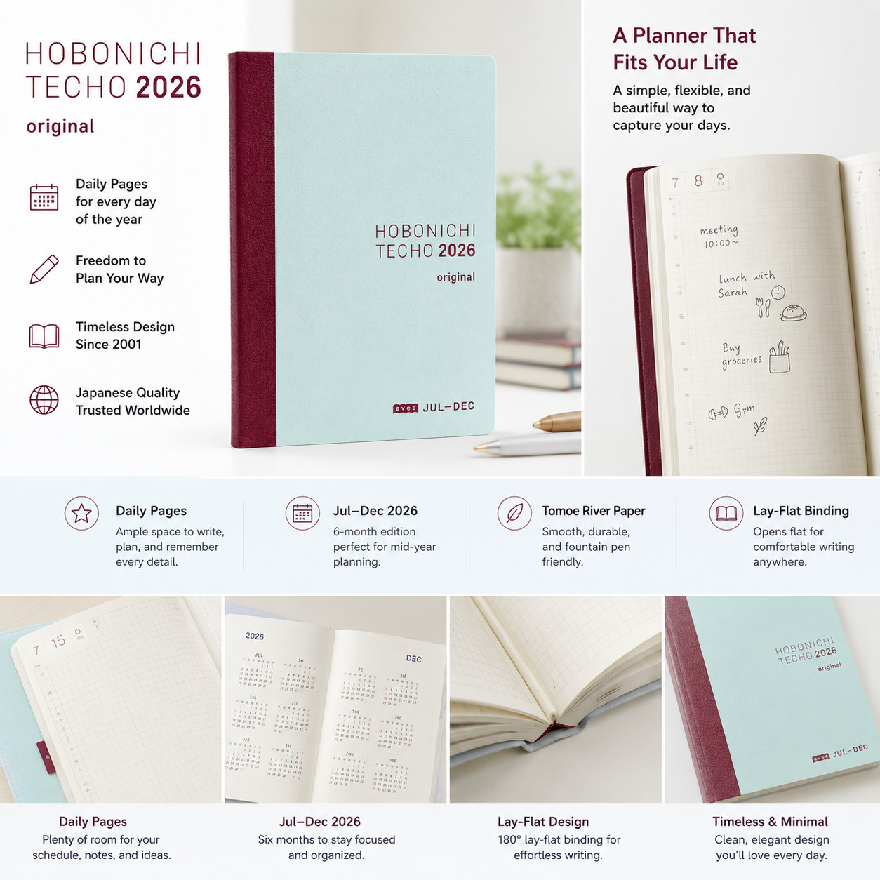 Hobonichi Techo 2026 Original Avec Book – A6, Japanese, Daily, Blue
