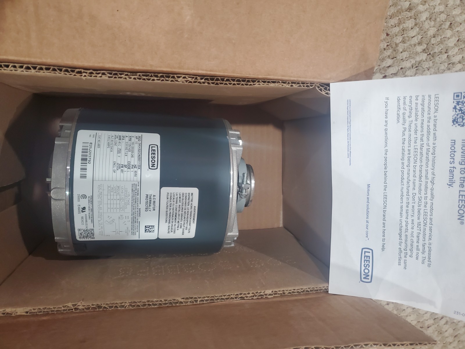 LEESON Carbonator PUMP MoTor #5KH32GNB811X 1/3HP 120/240V, 1725 RPM, 48Y NEW !!!