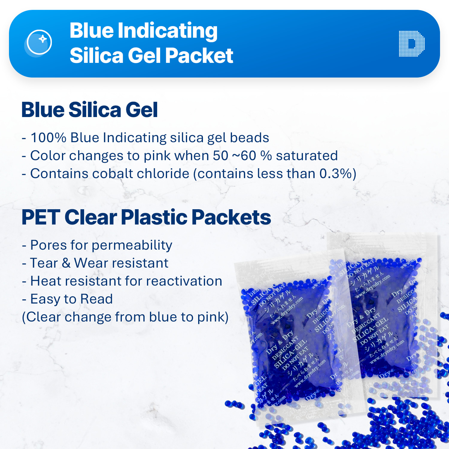 [100 Packets]10 Gram” Dry & Dry” Blue Indicating Silica Gel Packets – Reusable