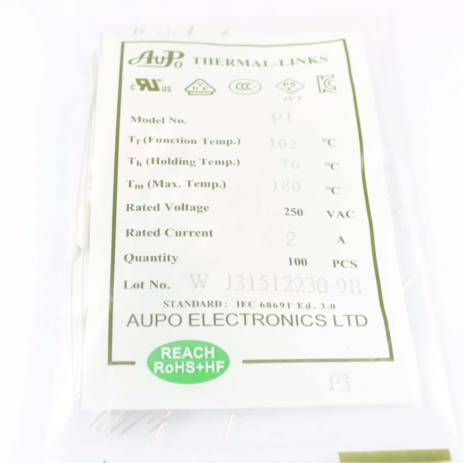 5Pcs AUPO Axial Type Thermal Fuse Cutoff TF 102℃ Celsius Degree 250V 2A P1
