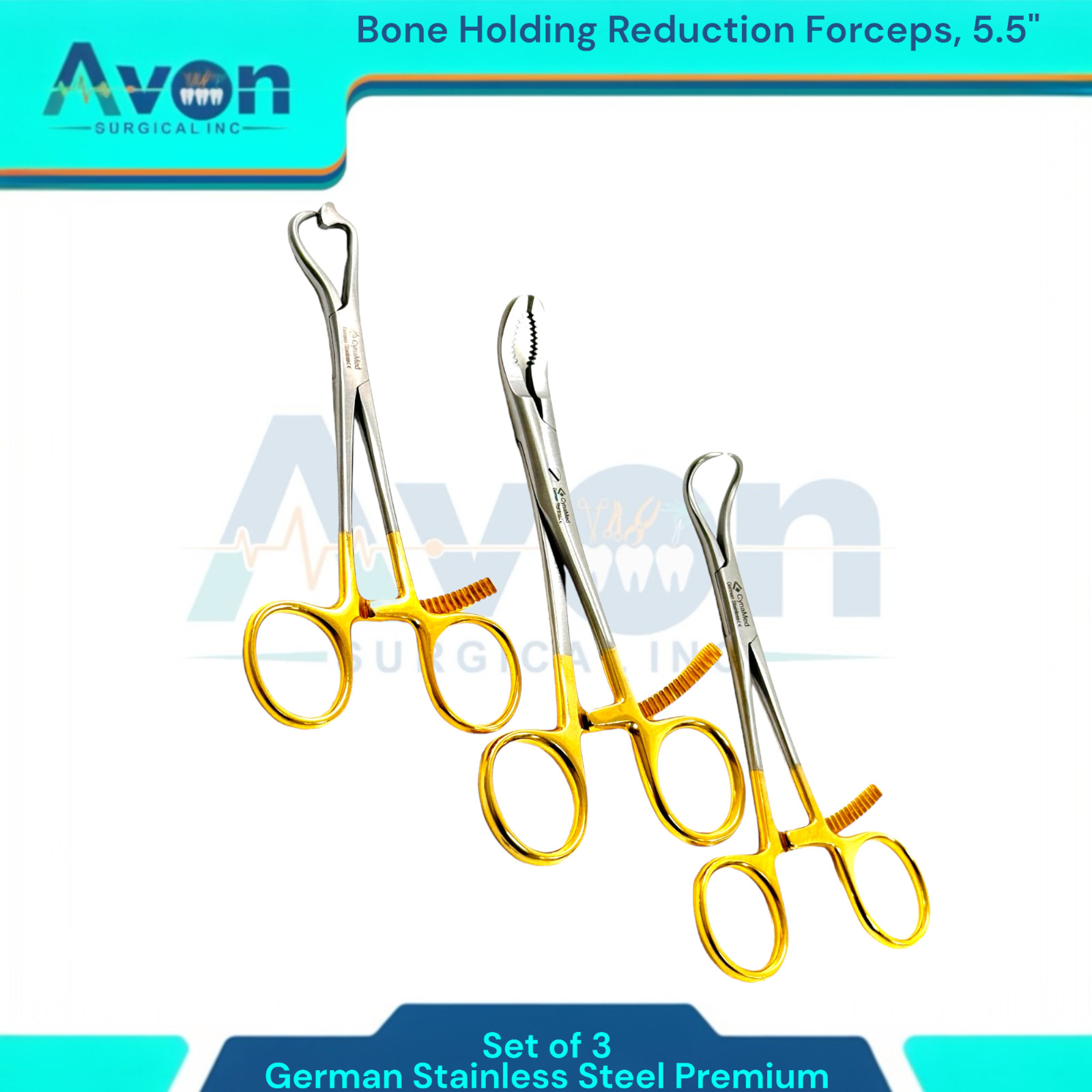Premium Bone Holding Reduction Forceps 5.5″ w/ Ratcheting Gold Handle, 3PK