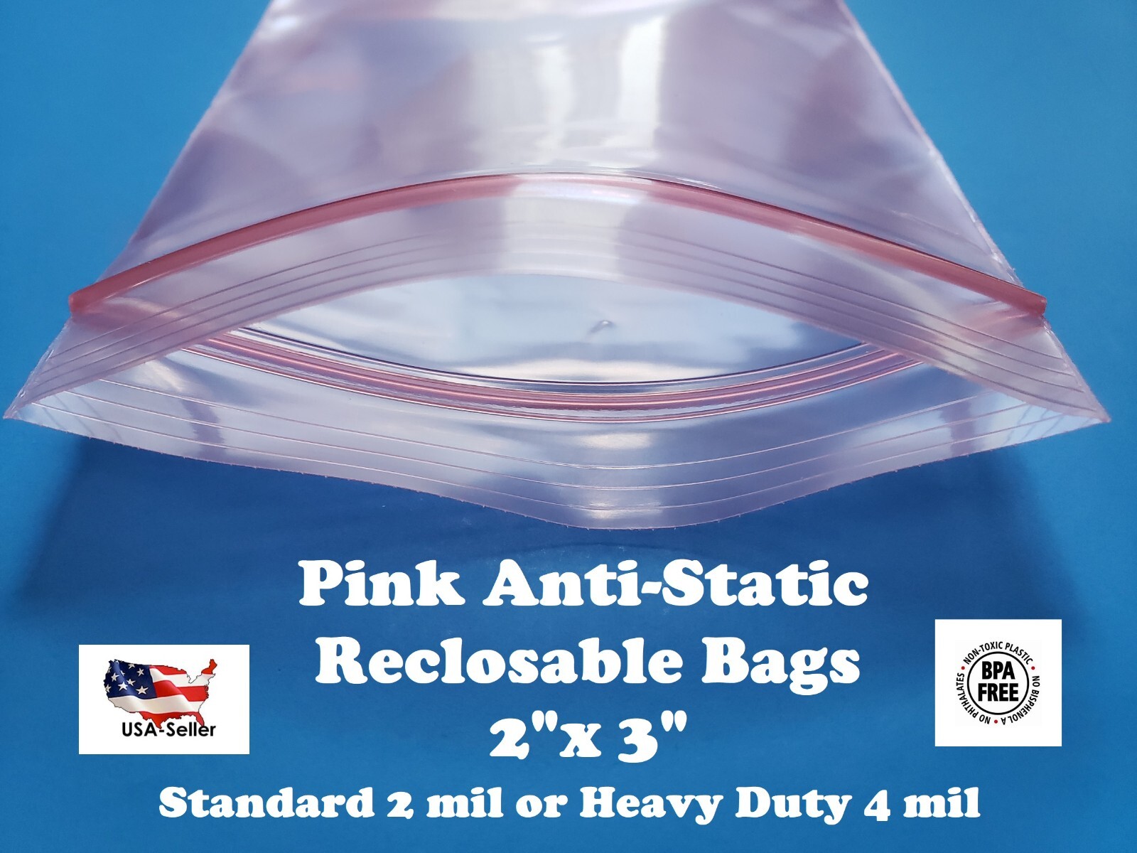 2″ x 3″ Anti Static Pink 2 or 4-Mil Zip Seal HEAVY-DUTY Reclosable Top Lock Bags