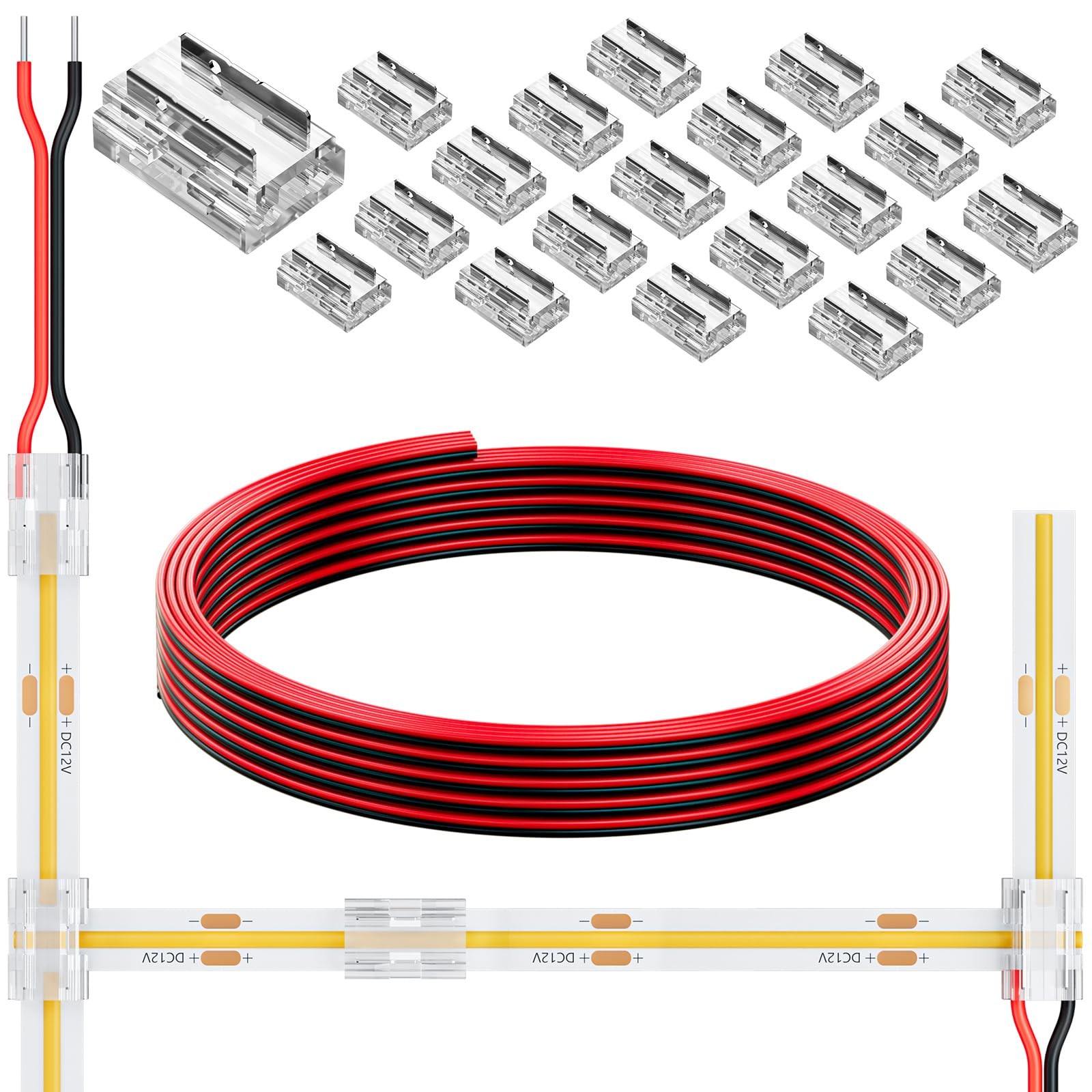 DEIGCYU 20 Pack 8-in-1 LED Strip Connectors with 6.6FT (2m) 20AWG Small