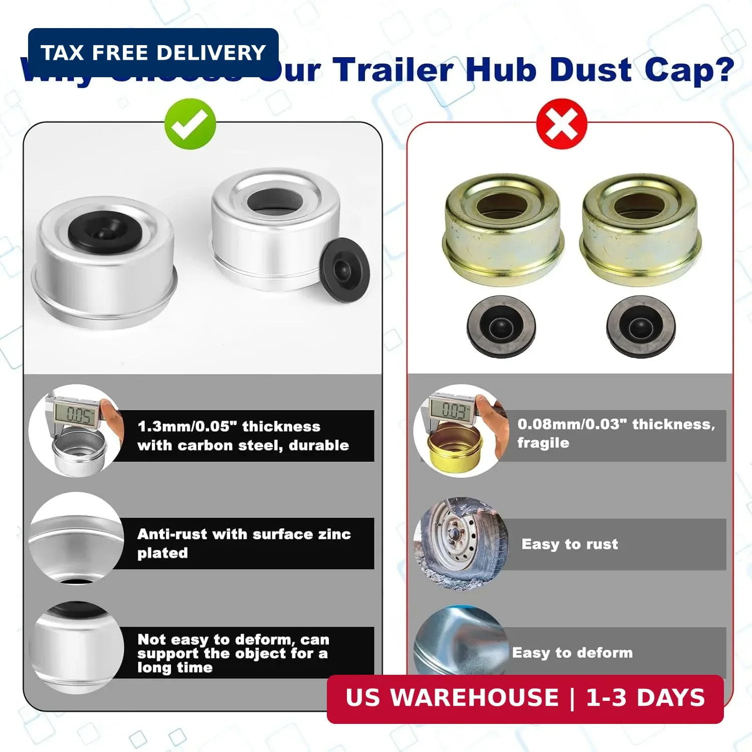 4Pack 2.72» Trailer Hub Cap Trailer Wheel Bearing Dust Cap with Extra 4 Rubber
