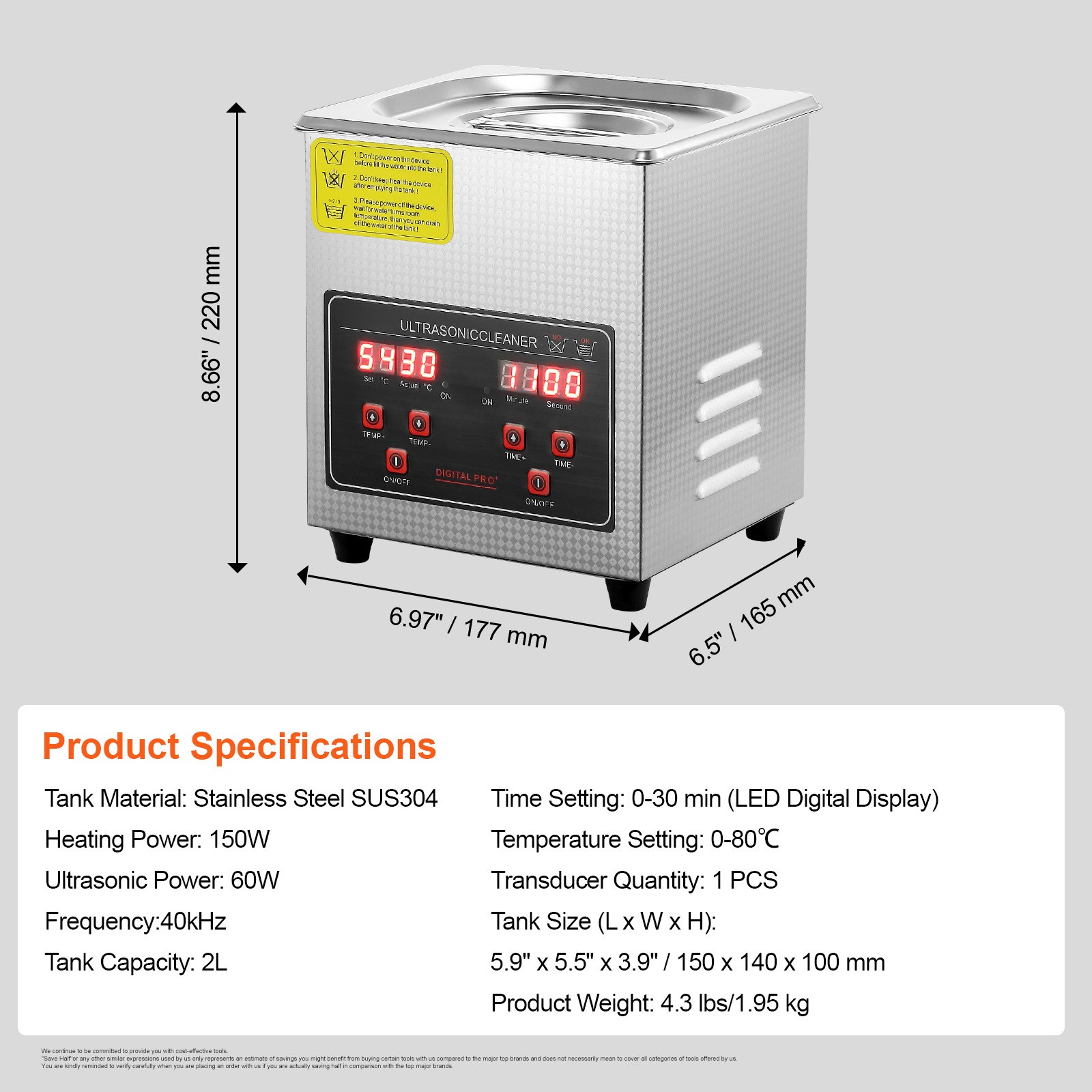 VEVOR 2L Ultrasonic Cleaner with Timer Heating Machine Digital Sonic Cleaner