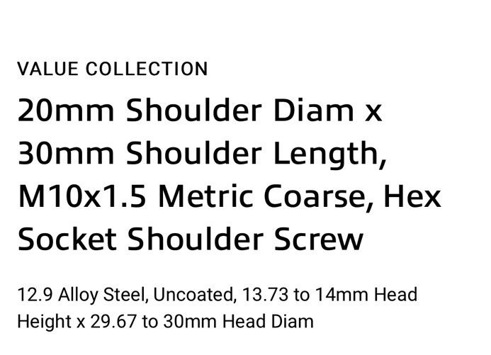 10pcs) Brady 20mm Dia x30mm L x M10x1.5 Socket Head Shoulder Screw, 12.9 Alloy