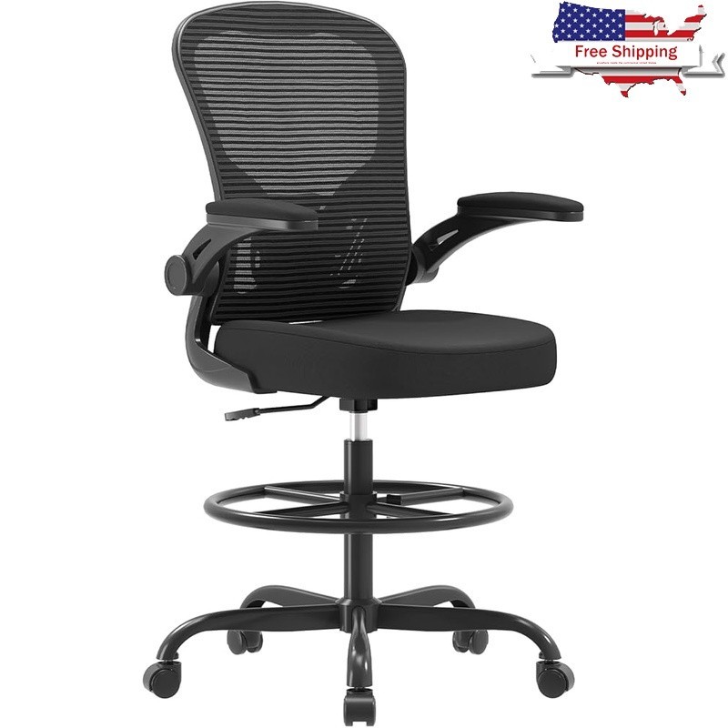 Ergonomic Drafting Chair Adjustable Lumbar Support Flip-up Armrests Footrest