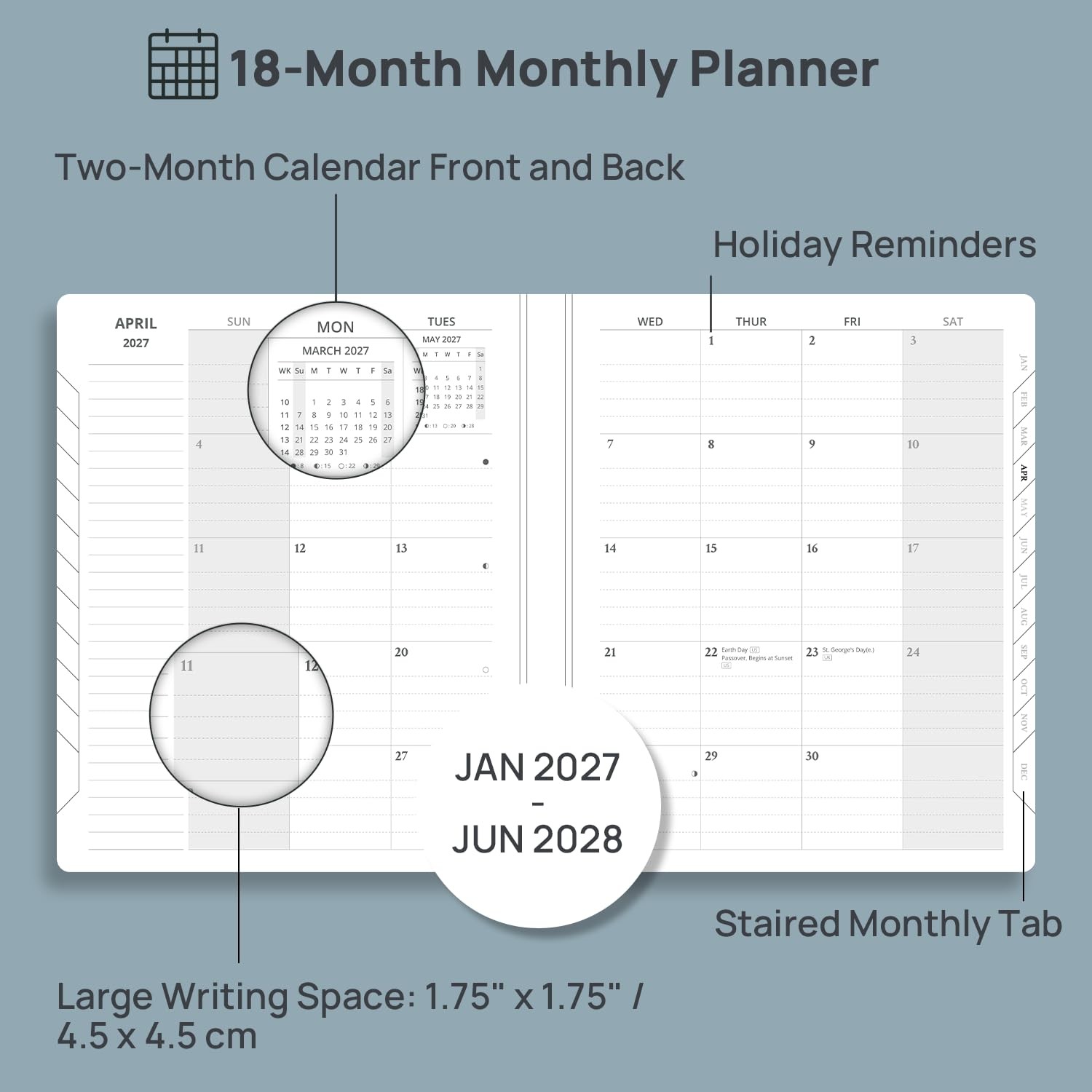POPRUN Planner 2027-2028 Navy Blue 10″x8″