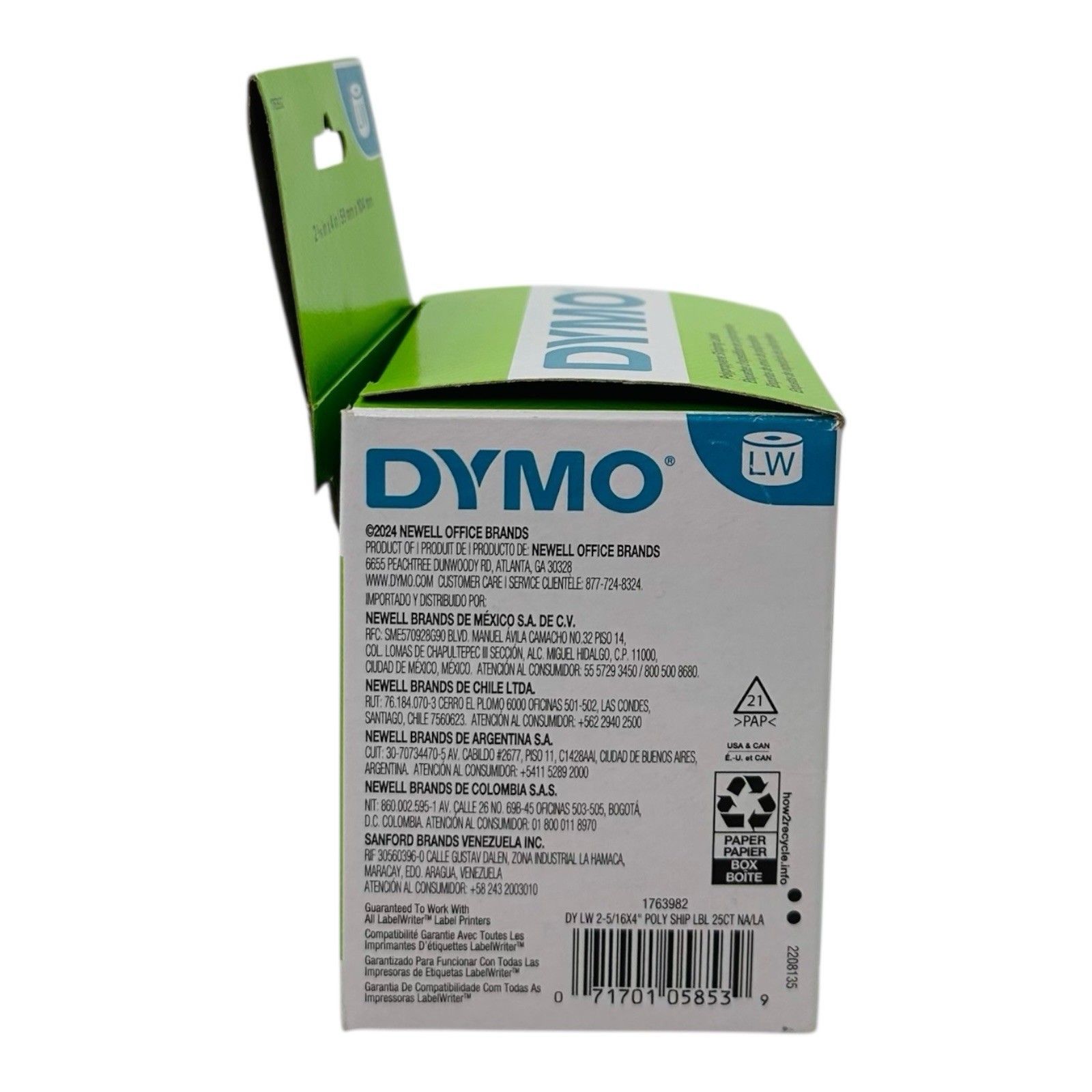 1 Roll Dymo LW 2-5/16″ x 4″ Polypropylene Shipping Labels White 250 Labels/Roll