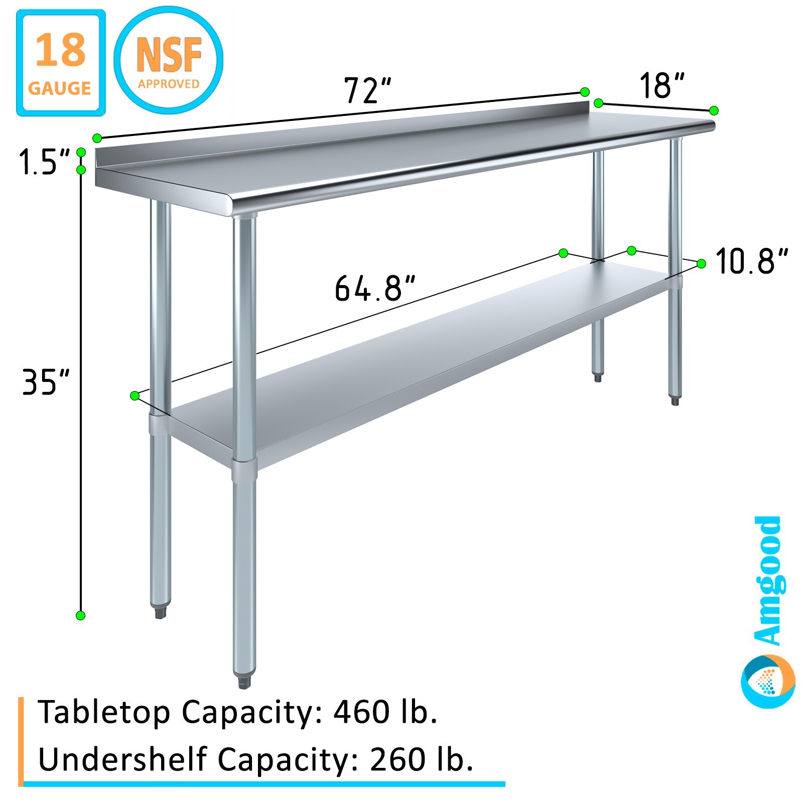 18 in. x 72 in. Stainless Steel Work Table with 1.5 in. Backsplash