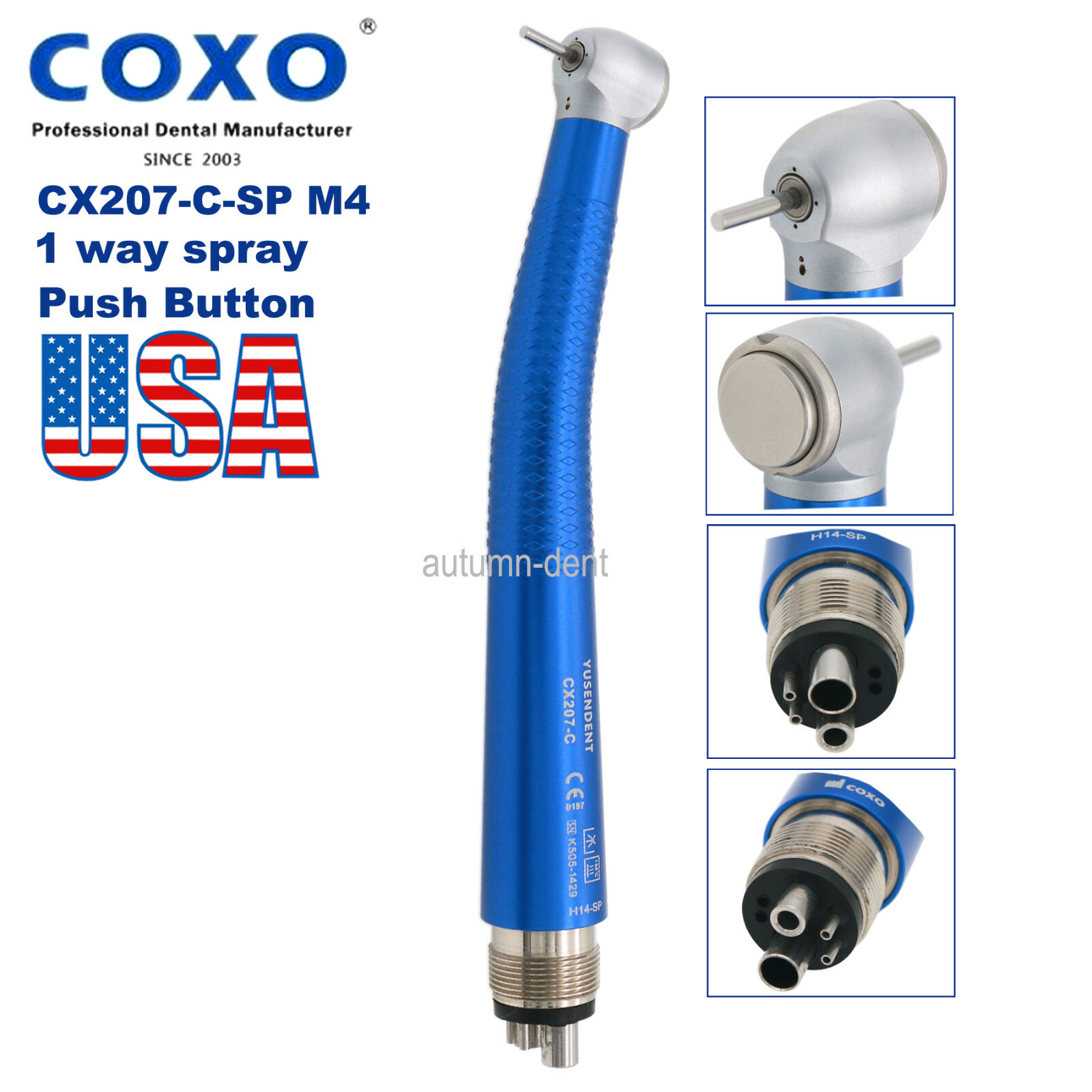 US COXO CX207-C Dental High Speed Air Turbine Handpiece 4 Holes Anti-retraction