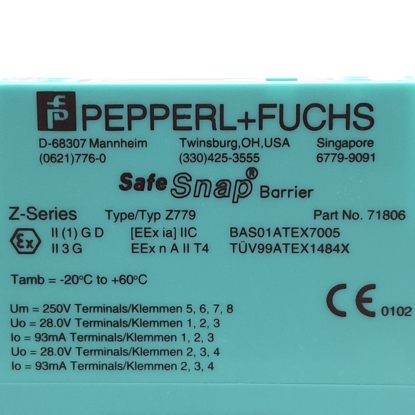 Pepperl + Fuchs 71806 Z779 Safe Snap Zener Barrier, 2-Ch 26.5V @ 10µA DC Version