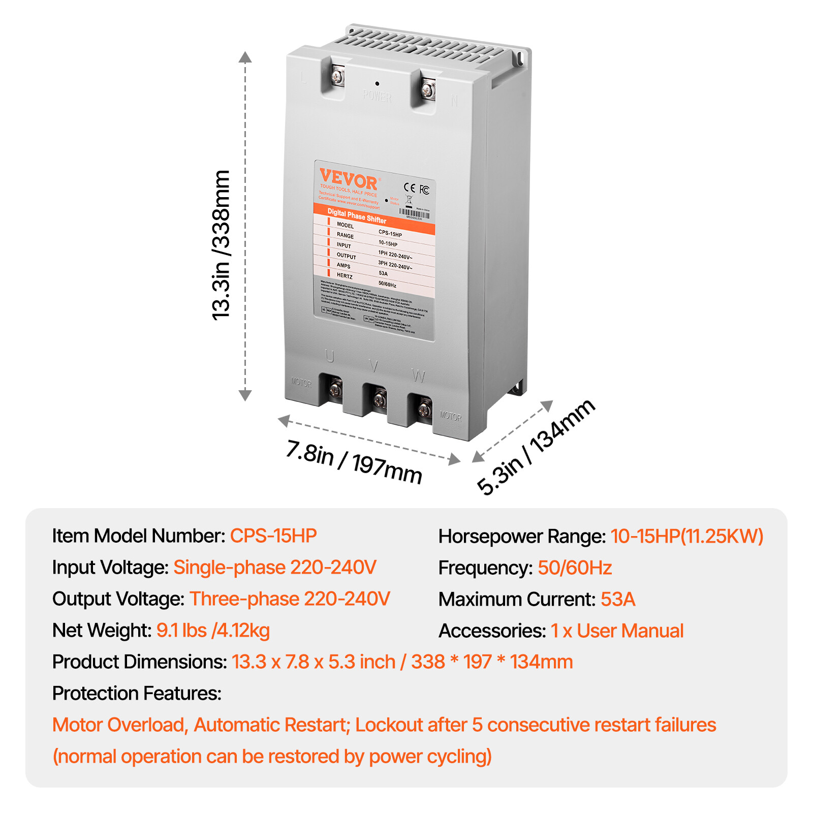 3 Phase Converter 15HP 53A 220V Single to 3 Phase 220V-240V Input/Output