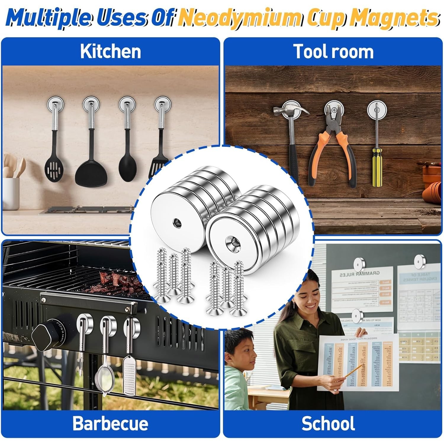 8 Pack 100LBS Neodymium Cup Magnets – Heavy Duty with Countersunk Hole & Screws.