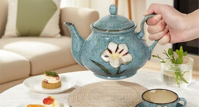 Ceramic Teapot 30 oz, Under-Glaze Hand-Painted Porcelain Tea Pot for Blooming
