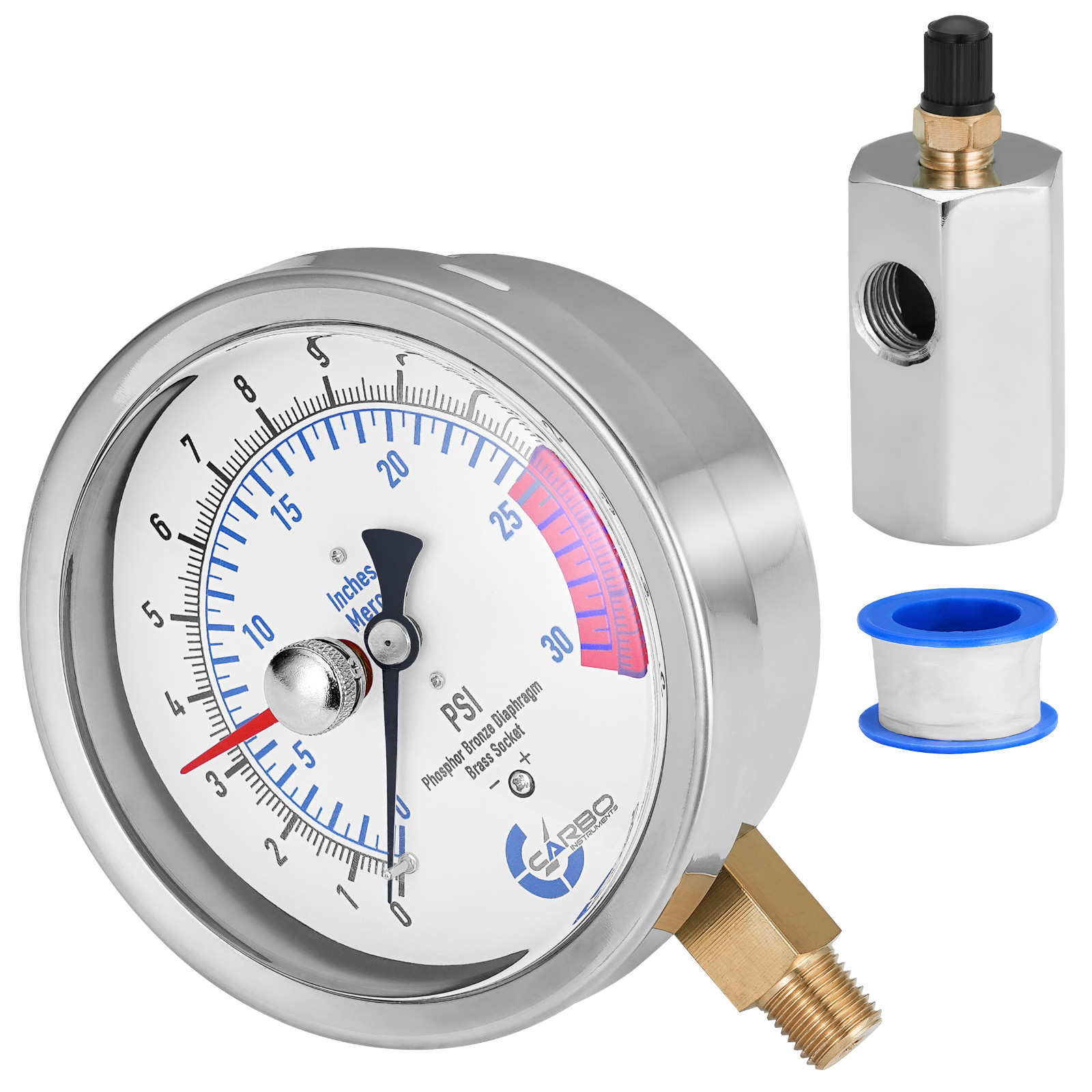4″ Gas Test CAPSULE Pressure Gauge 15 Pound, 15 PSI, 3/4” FNPT