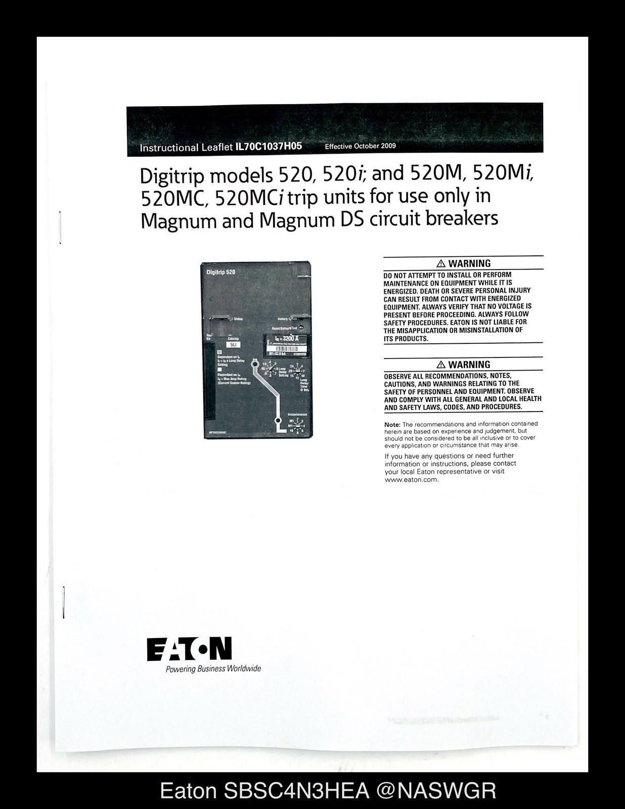 Eaton Magnum SB SBSC4N3HEA Circuit Breaker MO/BI – 4000A – Tested/1Yr Warranty