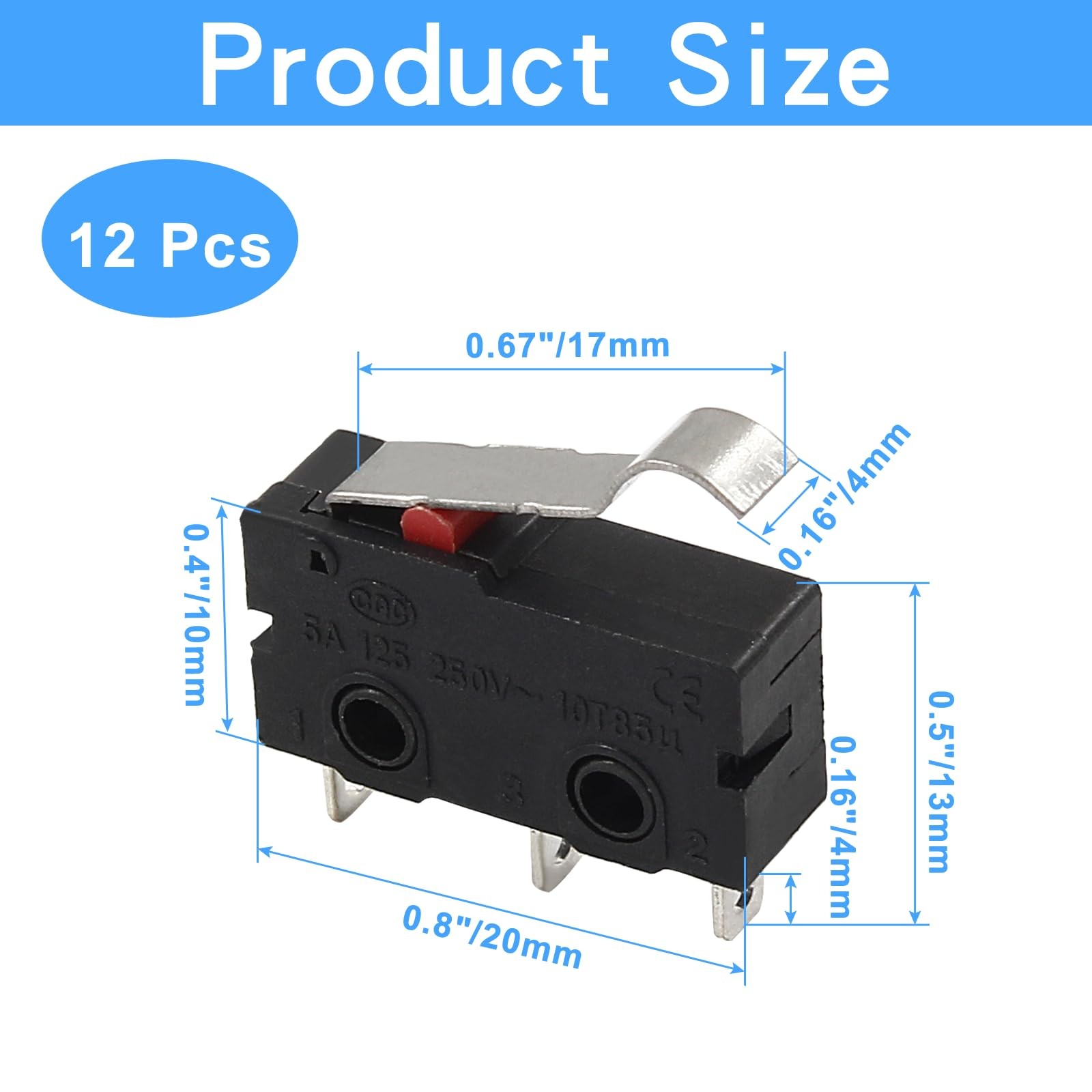 Litoexpe 12pcs Micro Limit Switch with Curved Lever SPDT 5A 3 Pin for Industrial