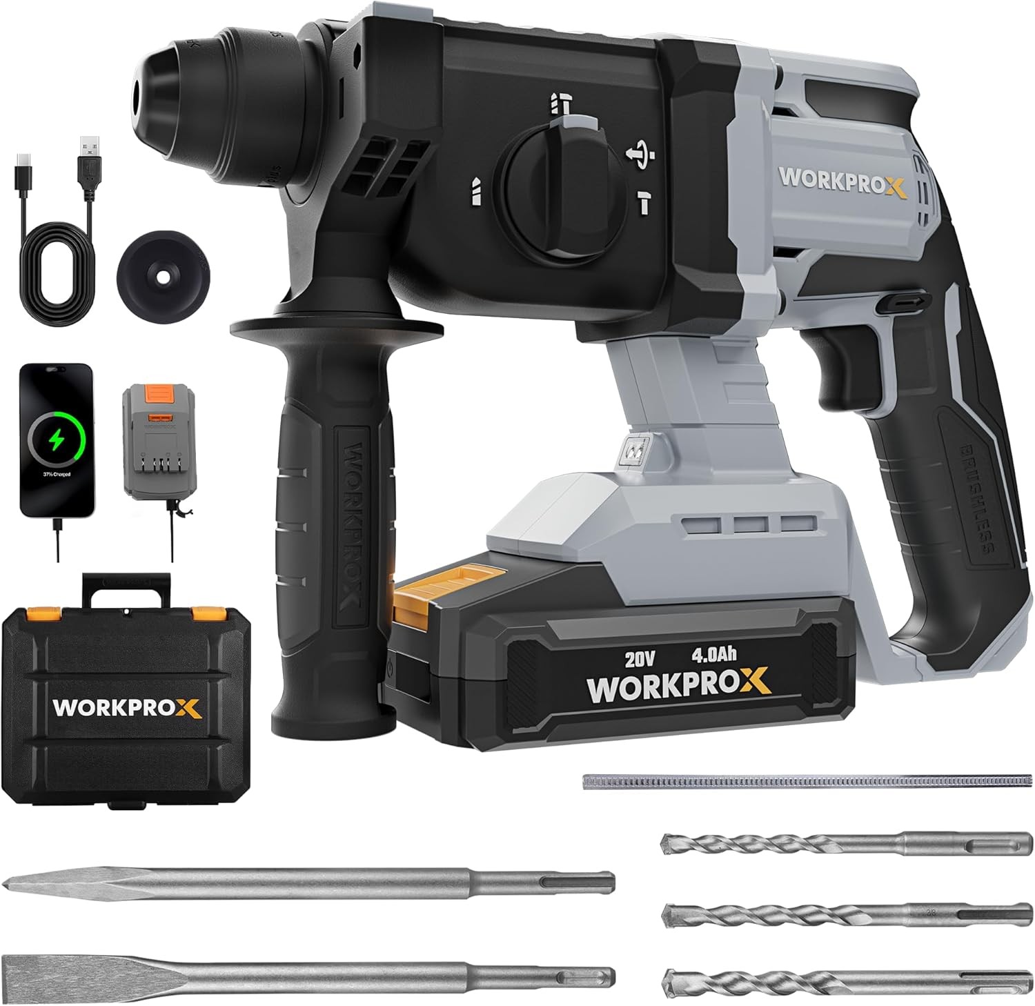 WORKPROX 20V 520W Cordless Brushless Rotary Hammer Drill Kits 7/8″ SDS-Plus 2.0J