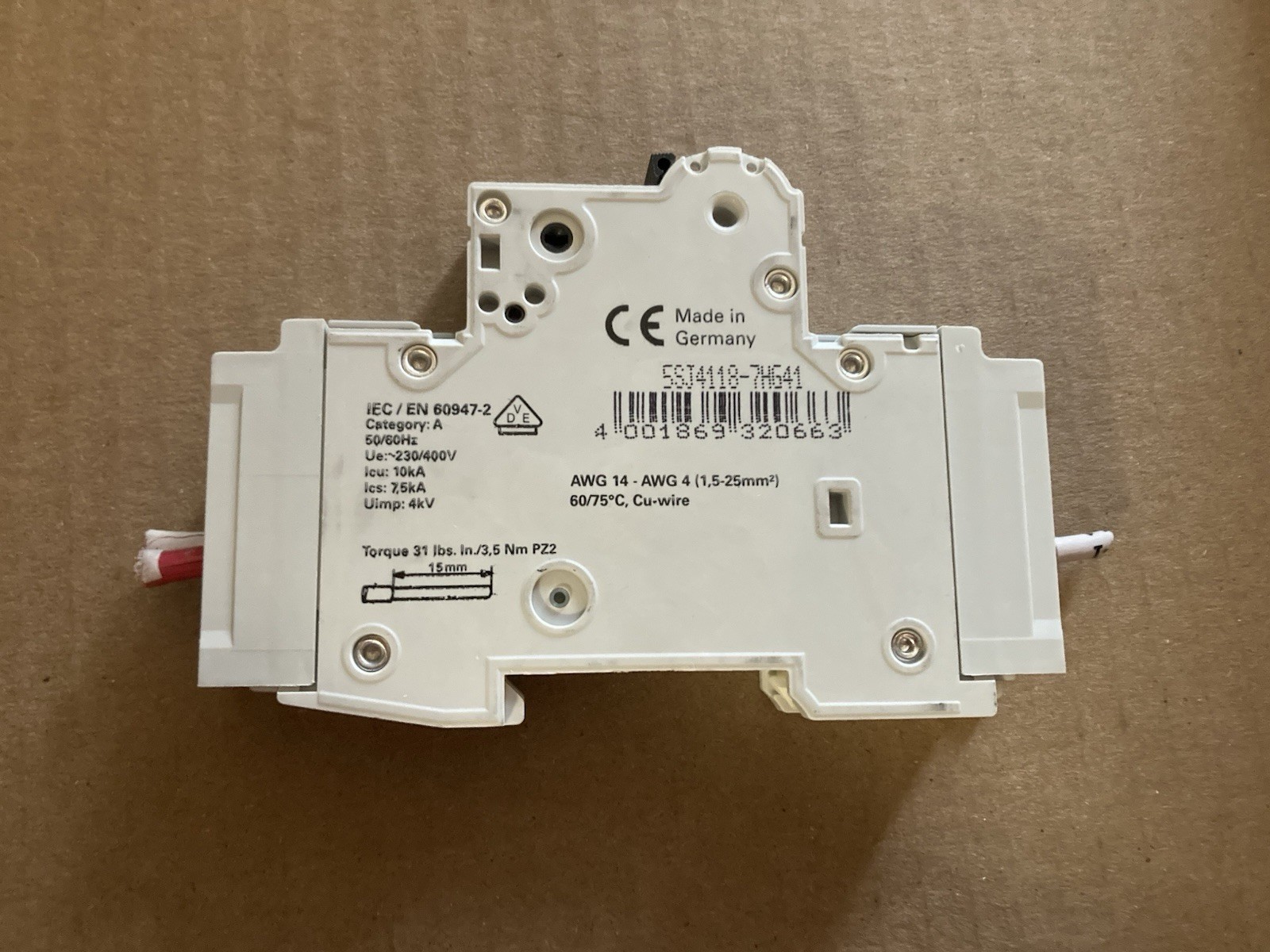 Siemens 5SJ4118-7HG41 Miniature Circuit Breaker 1-Pole 15A 240V