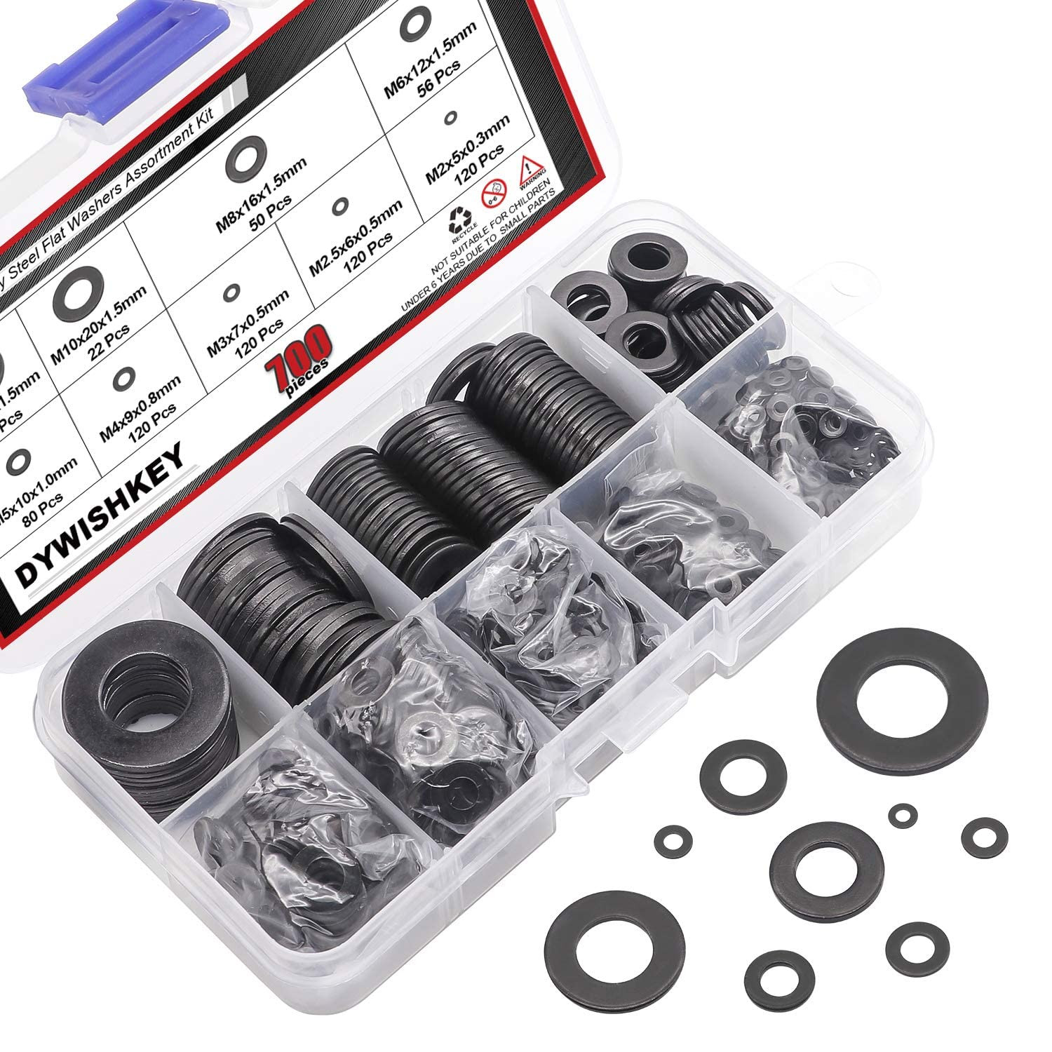 700 Pieces 9 Sizes Black Zinc Plated Steel Flat Washers Assortment Kit (M2 M2.5