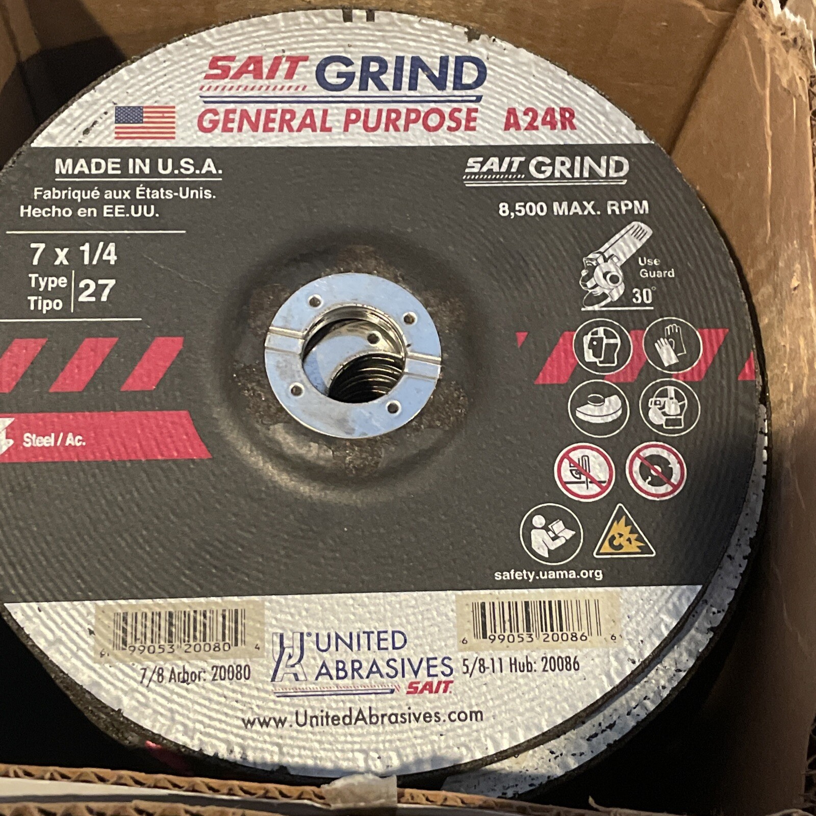 United Abrasives 20080 A24R 7×1/4×7/8 Long Life Metal Grinding Wheel 25 pack