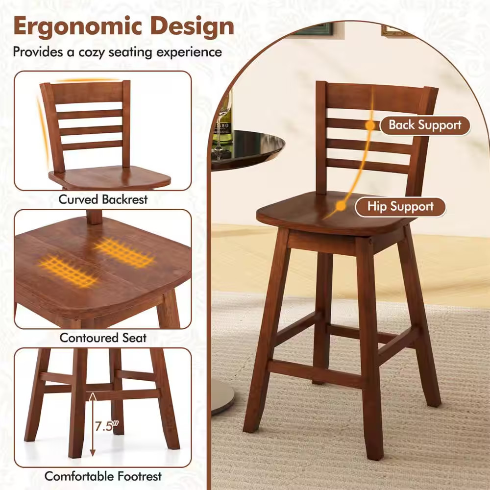 24.5 In. Brown Wood Swivel Bar Stools with Hollow Backrest (Set of 2)