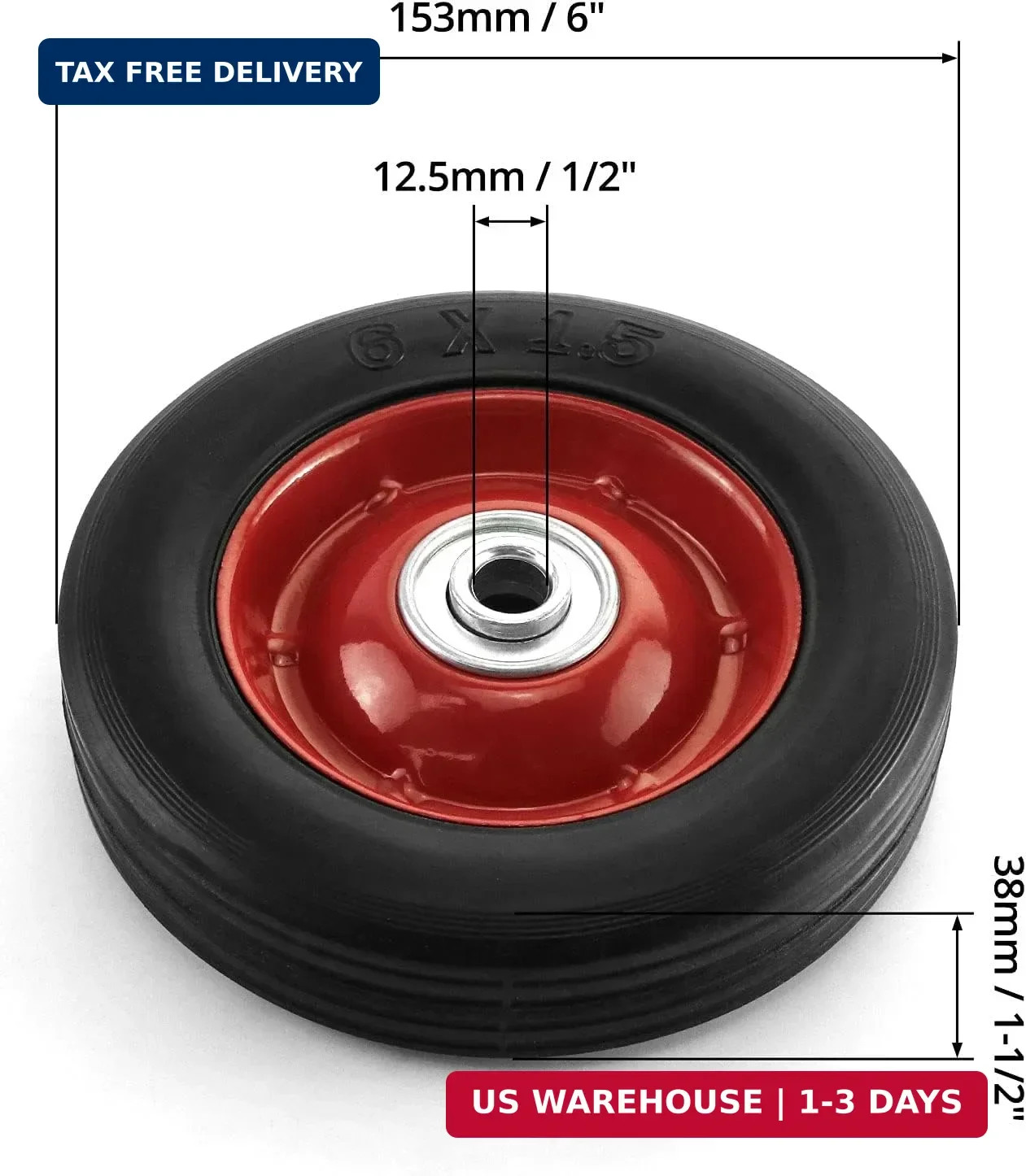 2 Pack 6″ x 1.5″,1/2″ Axle, Premium Rubber Wheel with Ball Bearing, Hand T