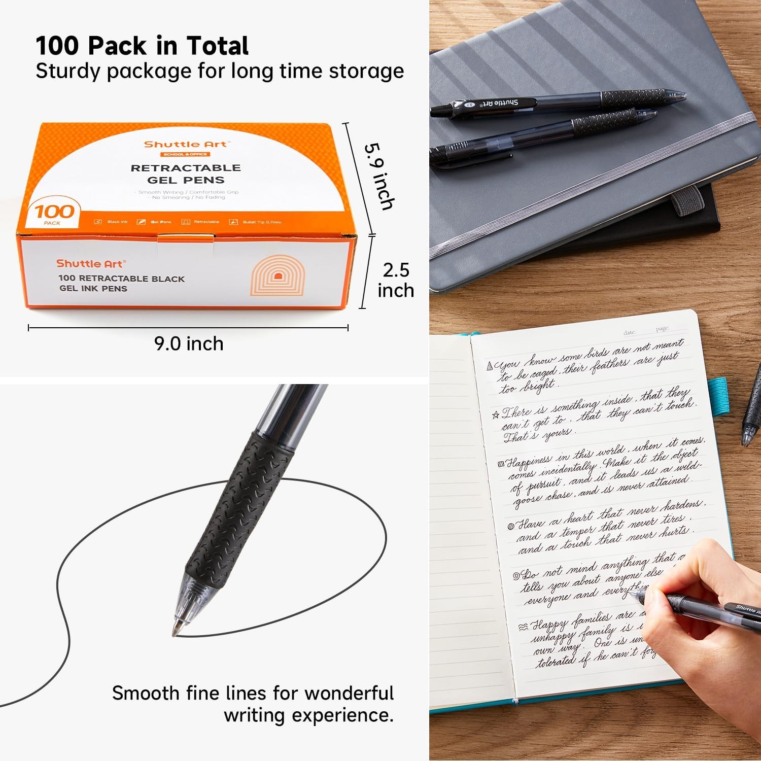 Shuttle Art Black Gel Pens, 100 Pack Retractable 1 Count (Pack of 100),