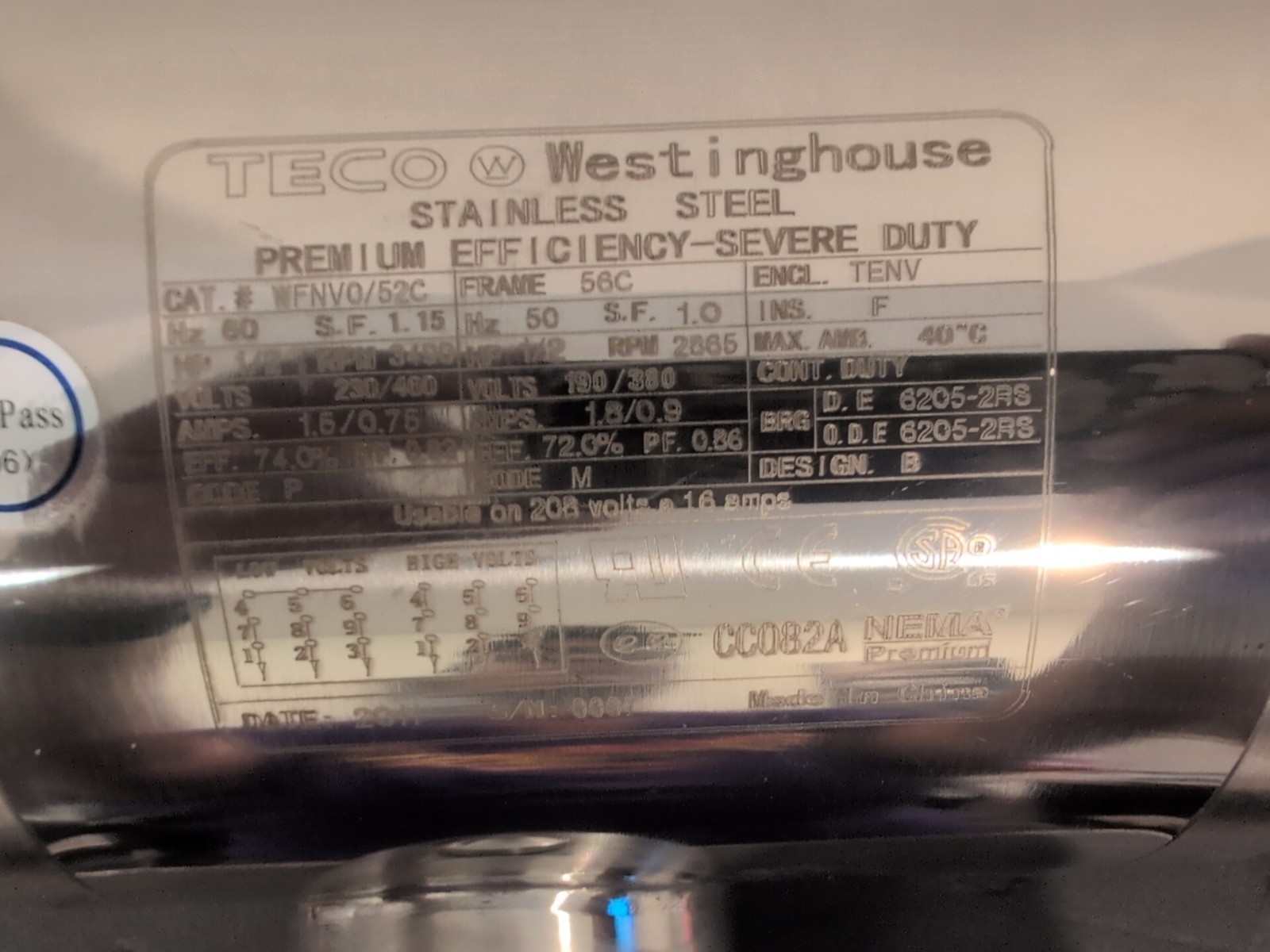 New Teco Westinghouse 1/2 HP Stainless Steel Severe Duty Wash down Motor…