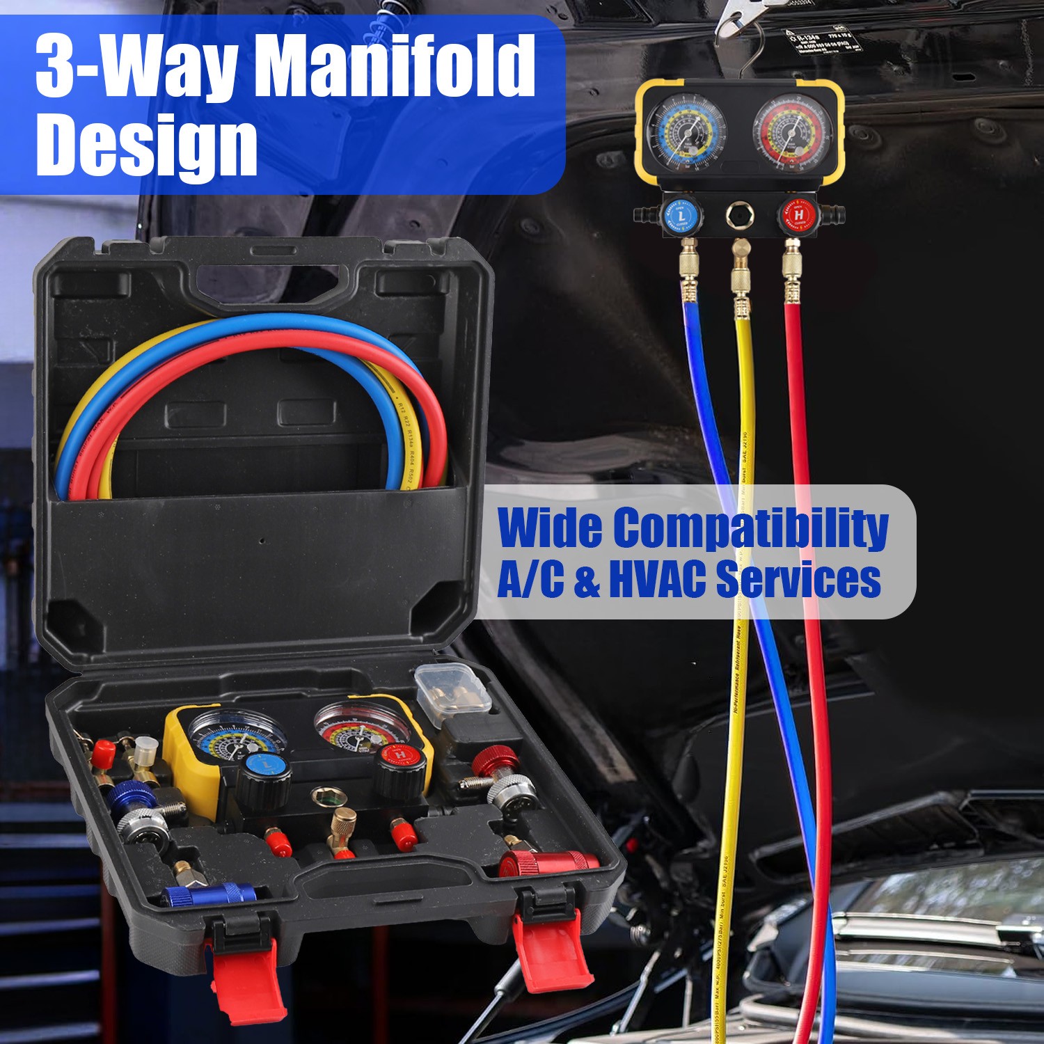 HVAC AC 3‑Way Manifold Gauge Set w/ 5ft Hoses R1234yf R404a R134a Refrigeration