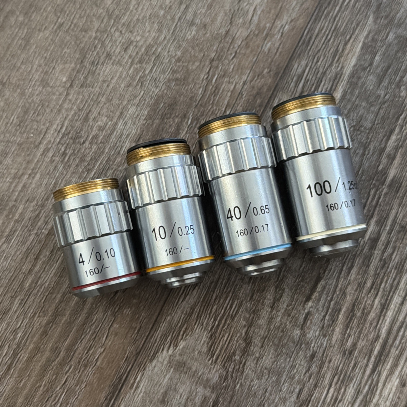 4 Microscope Objectives 4x 10x 40x 100x oil Fisher Scientific Micromaster