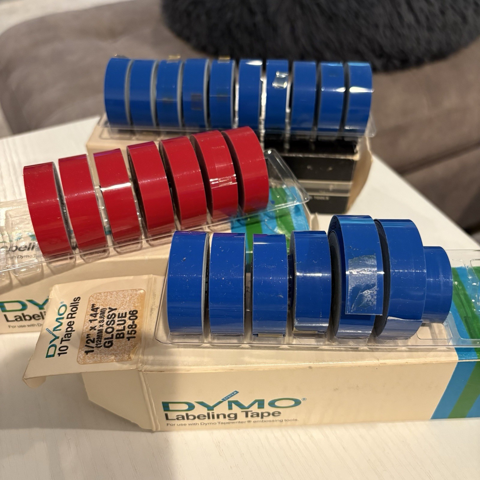 3 Boxes = 24 Rolls Vintage Dymo Labeling Embossing Tape Red & Blue Glossy 1977
