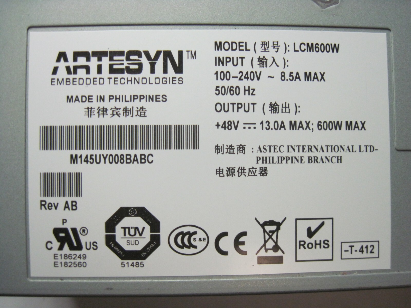 LCM600W (T-412) ARTESYN POWER SUPPLY