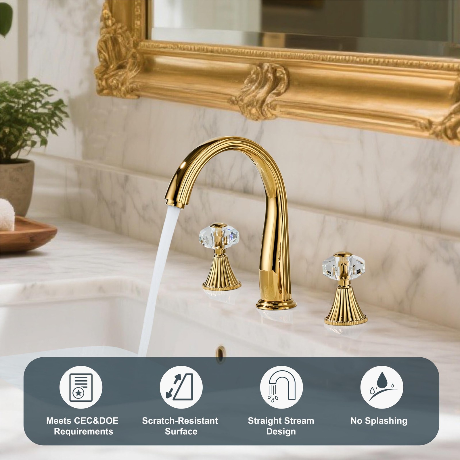 Gold Crystal 3 Hole 8 Inch Brass 2 Handle 2 Tone Widespread Bathroom Faucet Set