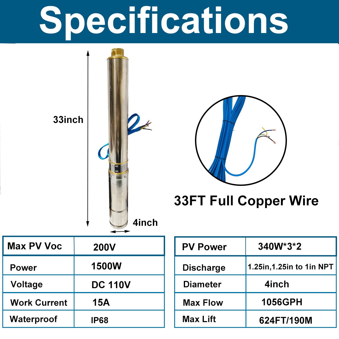 1/2 HP 4″ Deep Well Submersible Pump, 110V, 60Hz, 25GPM, 150 ft Max,33ft Cord