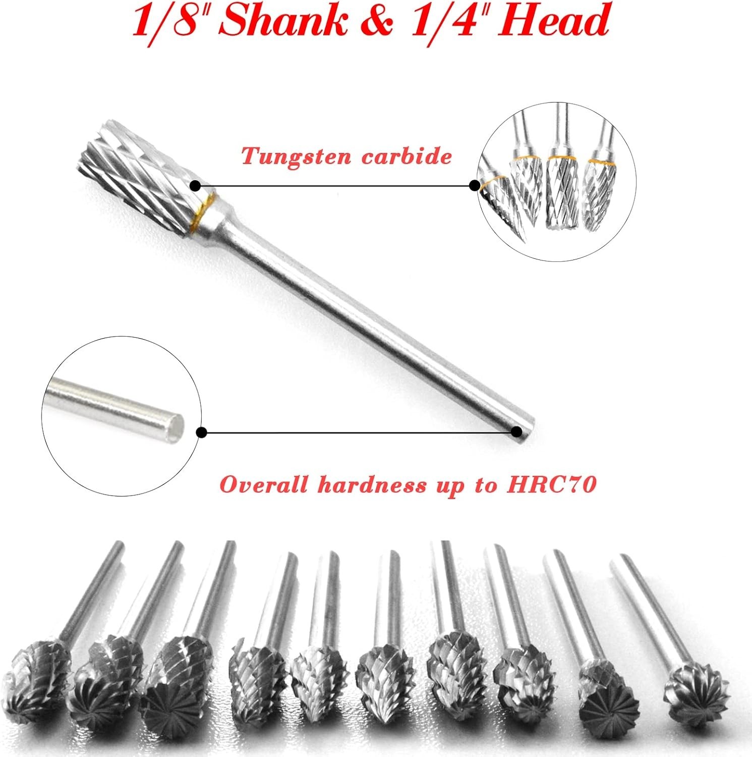 Tungsten Carbide Rotary Burr Set 10PCS Double Cut Grinding Head 1/4 In Die Gr…