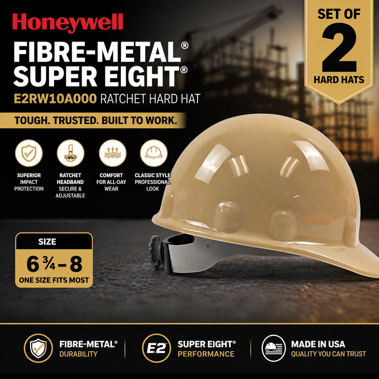 Honeywell Fibre-Metal E2RW10A000 SuperEight Ratchet Hard Hat Size 6 3/4-8 Set