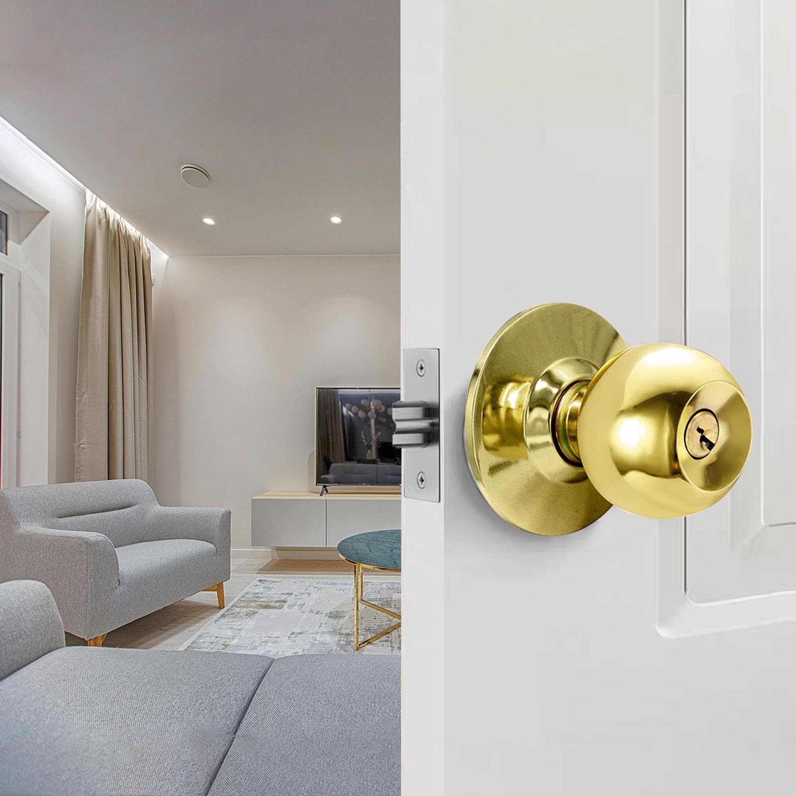 Gold Door Knobs with Lock and Keys, Interior and Exterior Door Lock, Standard…