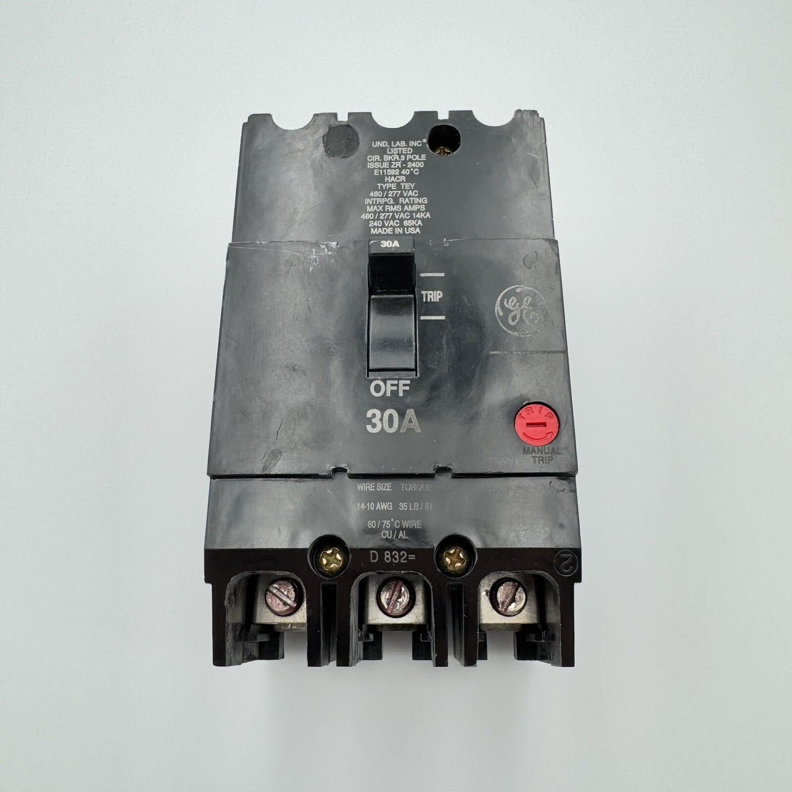 GE Breaker TEY330 3 Pole 30A 277/480 General Electric Bolt On