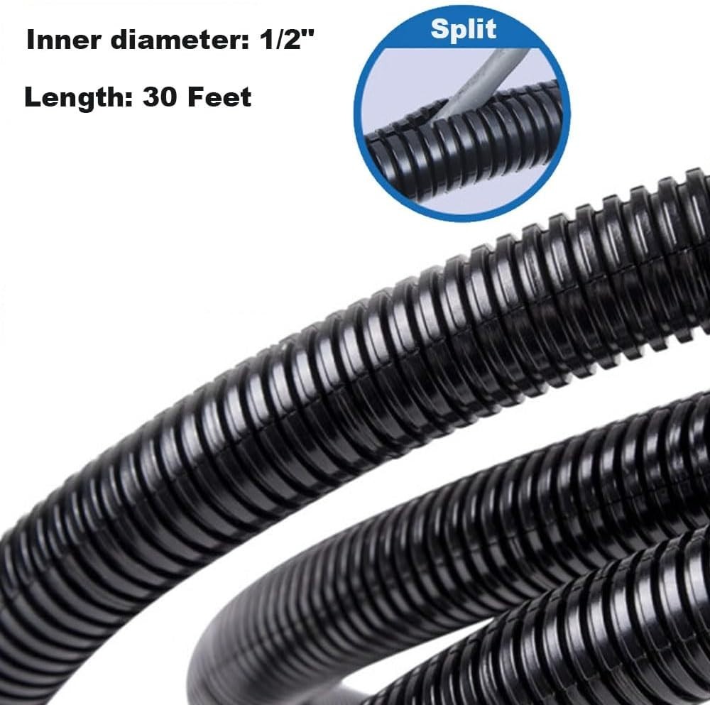 30 FT Split Wire Loom Tubing – 1/2” Black Pet Safe Cable Protector & Organizer